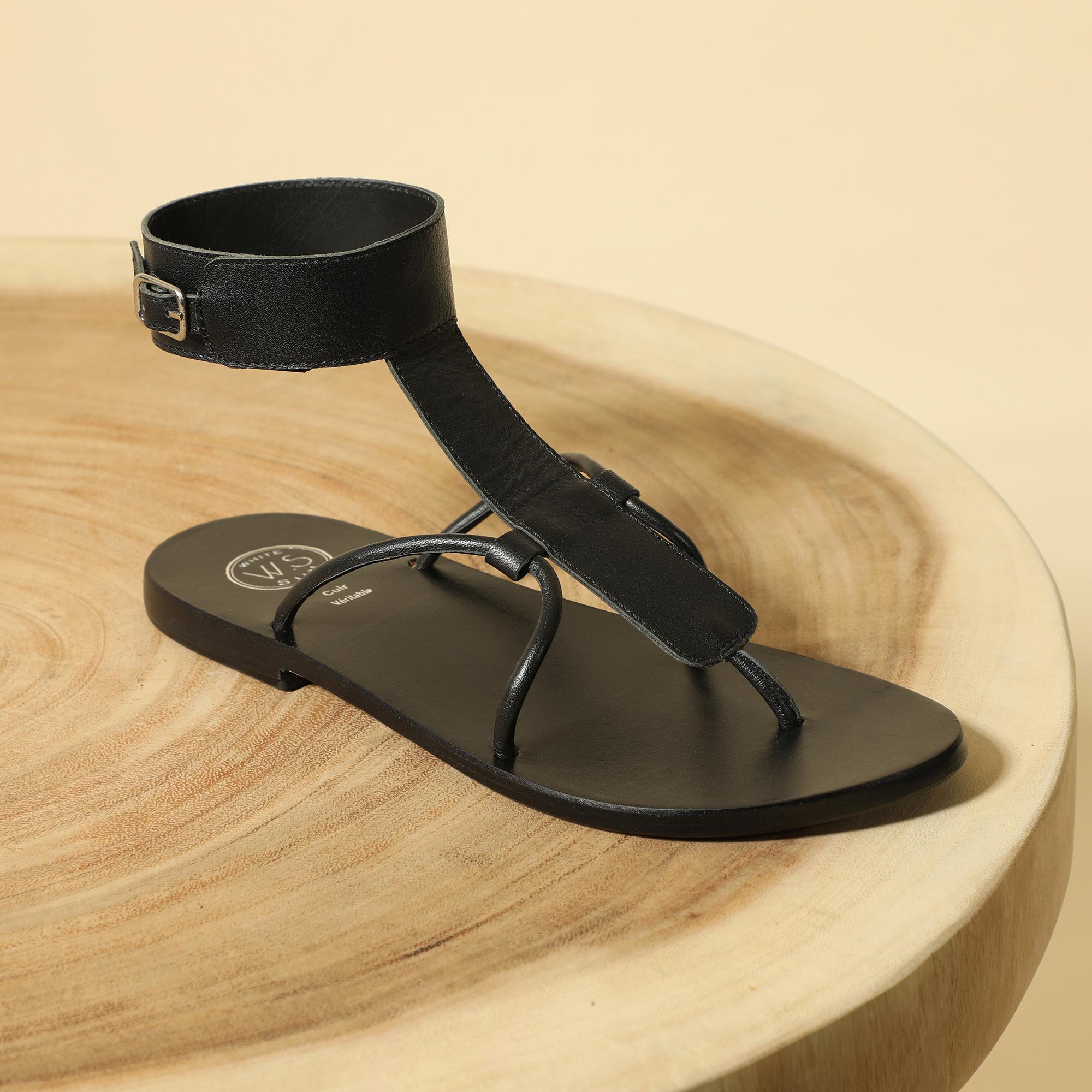 BABITHRA sandales entre doigt bracelet de cheville en cuir noir