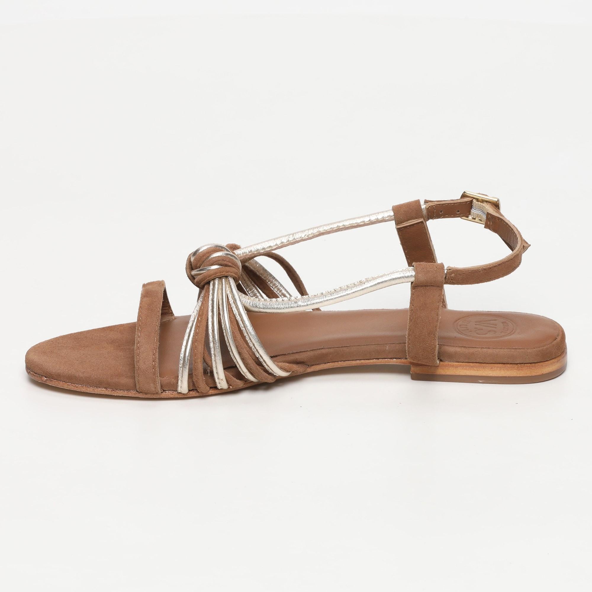 CORTEGANA sandales fantaisie bi-color en cuir camel et platine