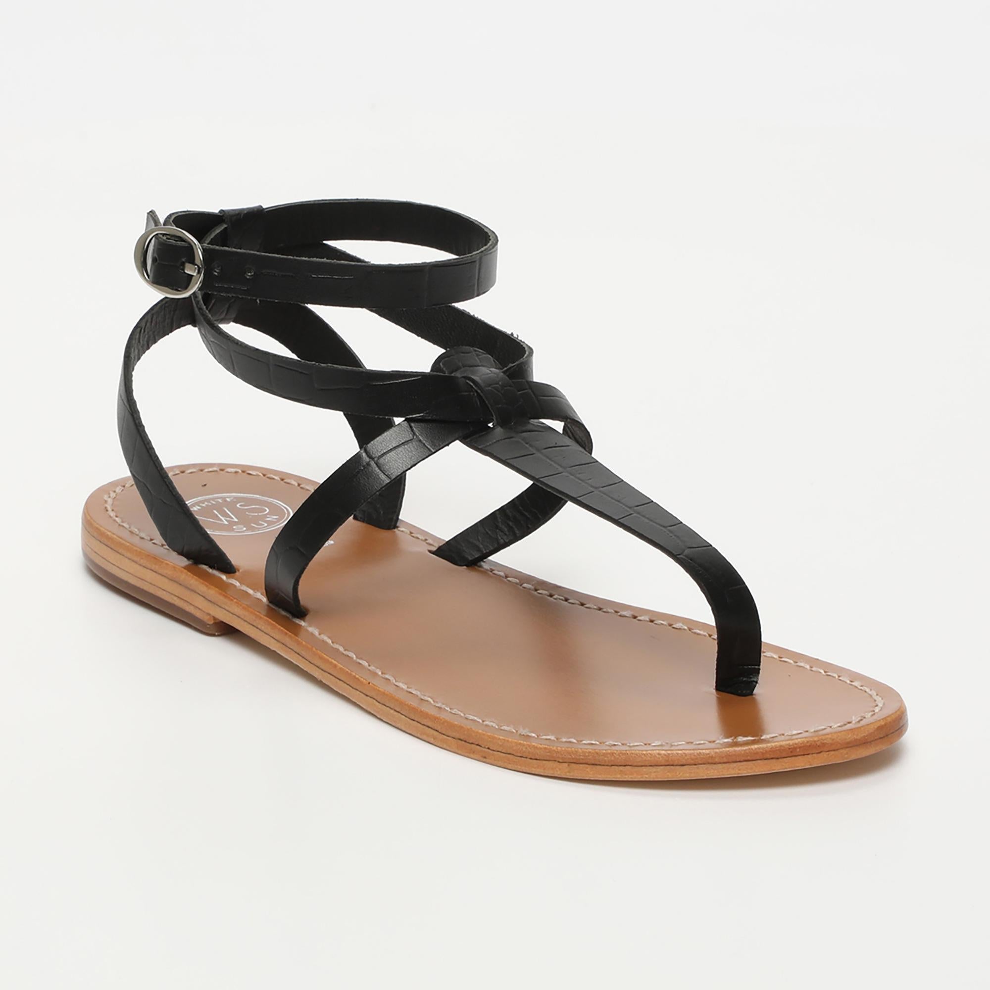 ESTHER sandales entre doigt bracelet de cheville en cuir croco noir