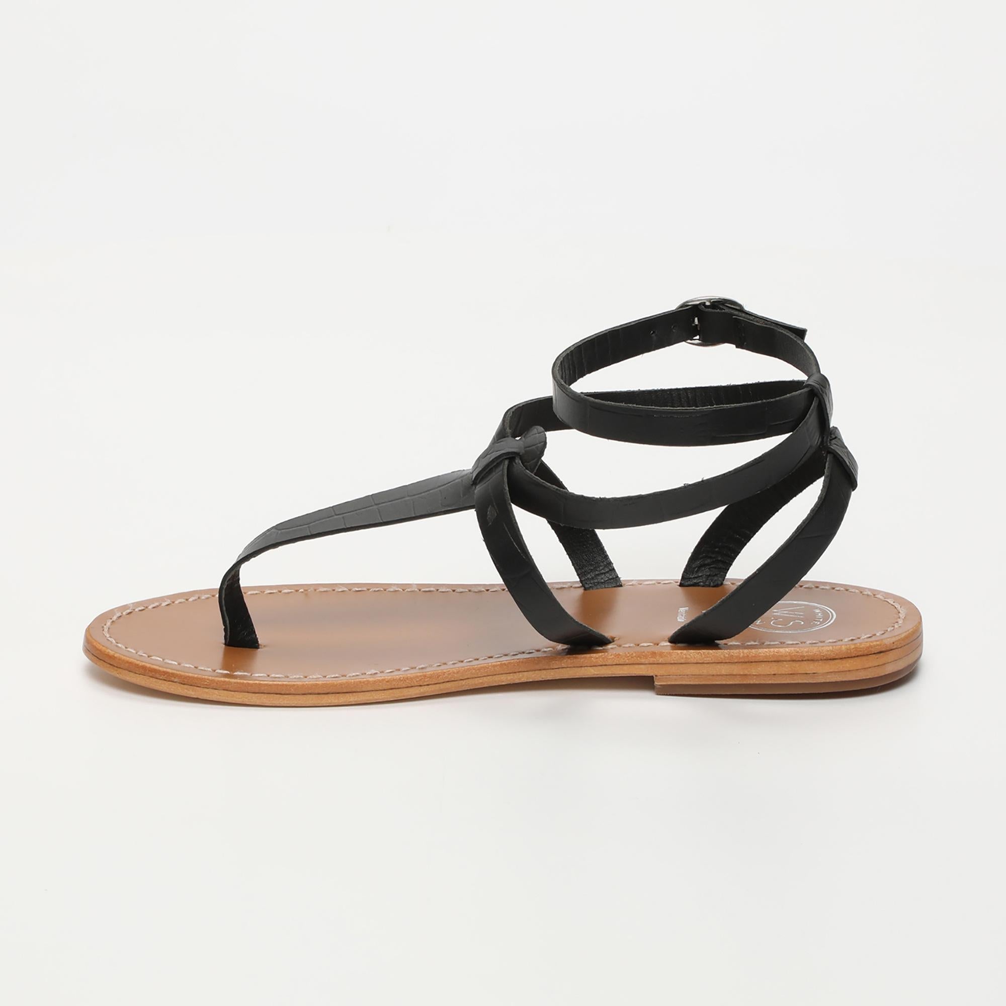 ESTHER sandales entre doigt bracelet de cheville en cuir croco noir