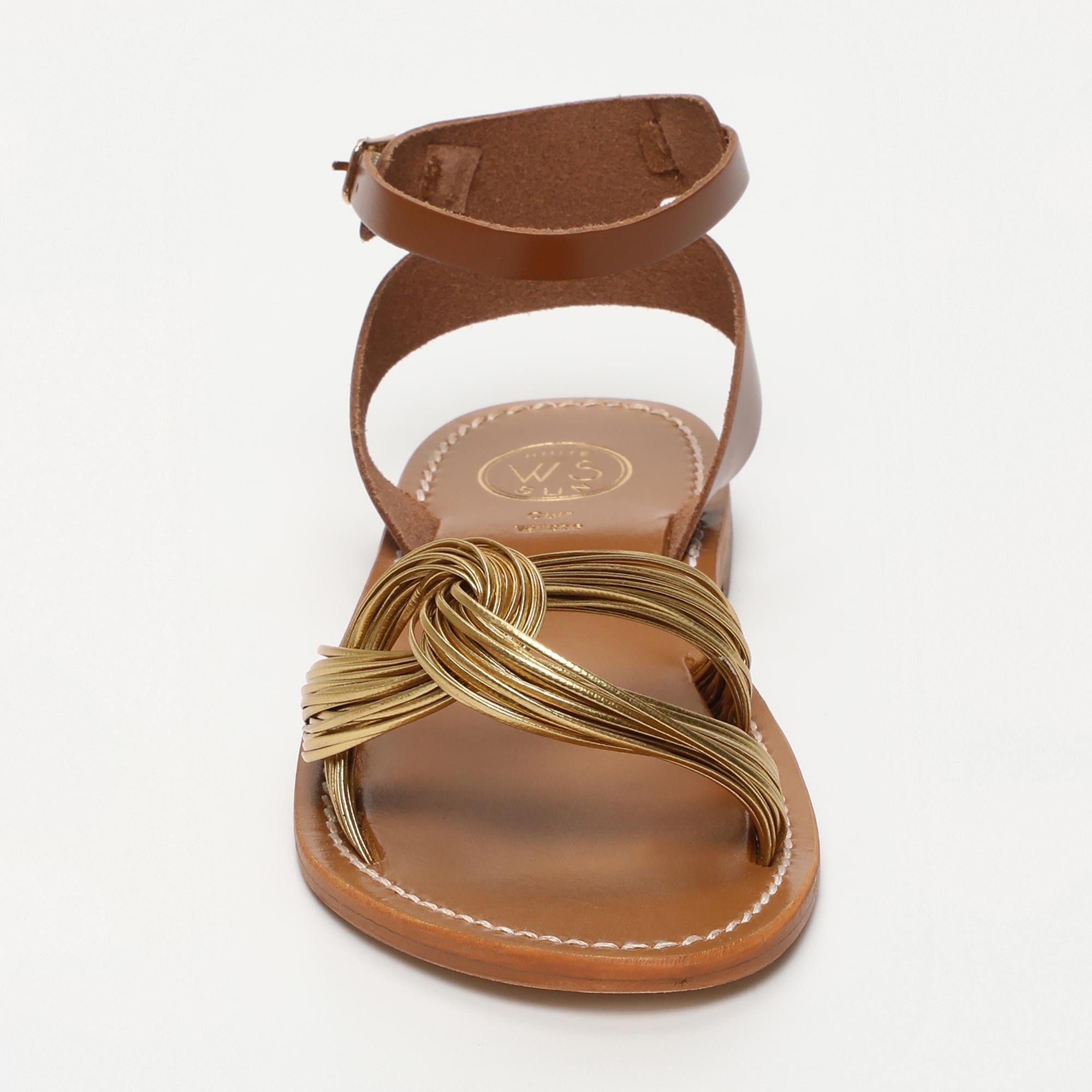GIANNA sandales bracelet de cheville en cuir camel et platine