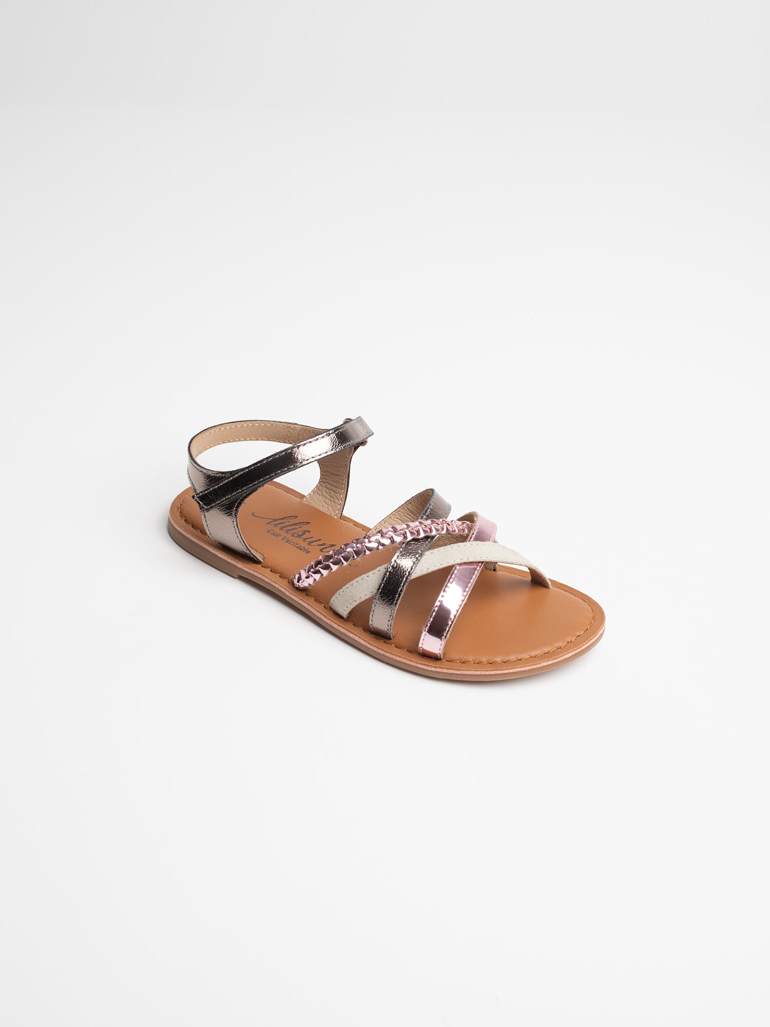 NAELA Sandales en cuir rose métallisé