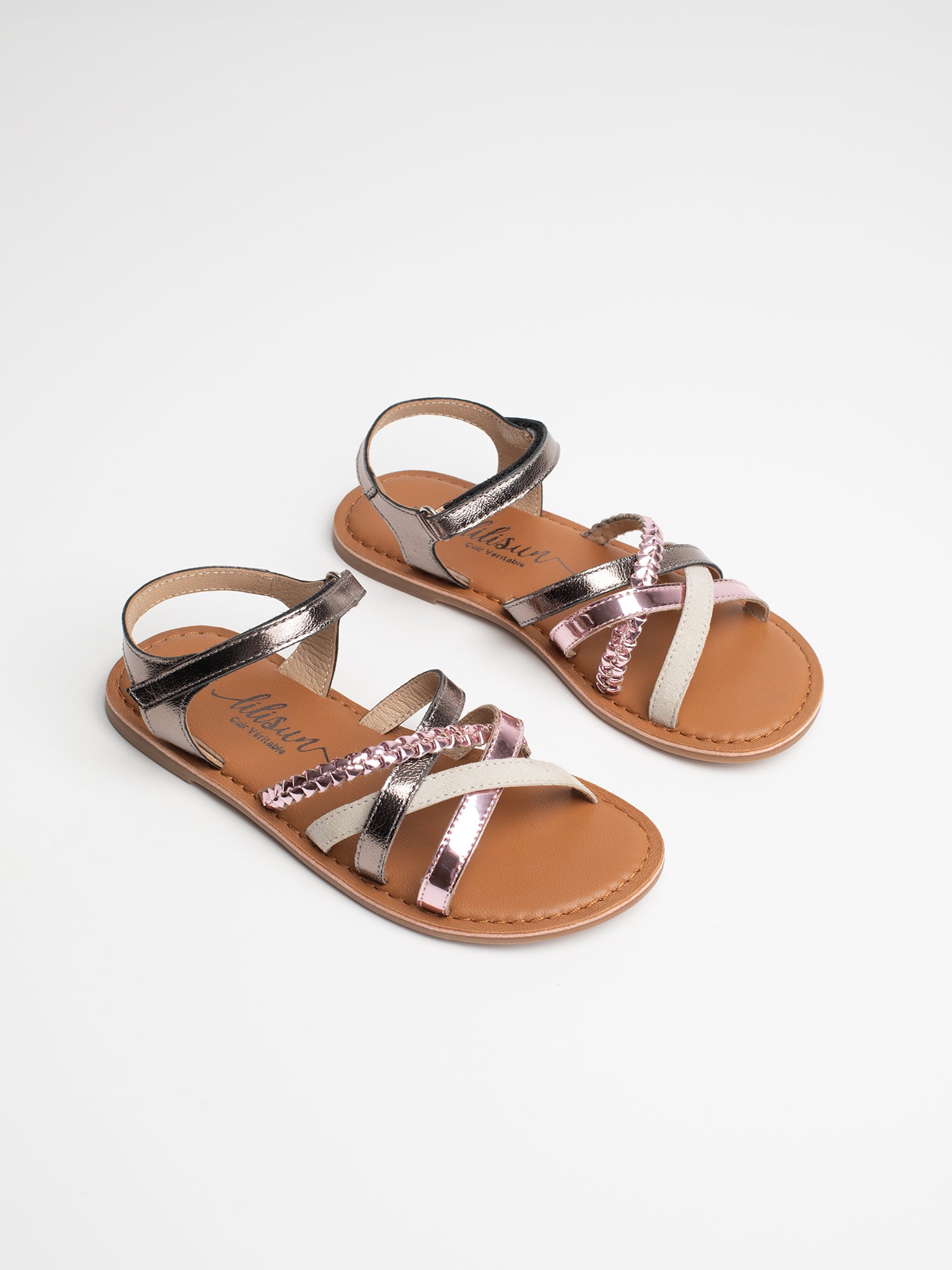 NAELA Sandales en cuir rose métallisé