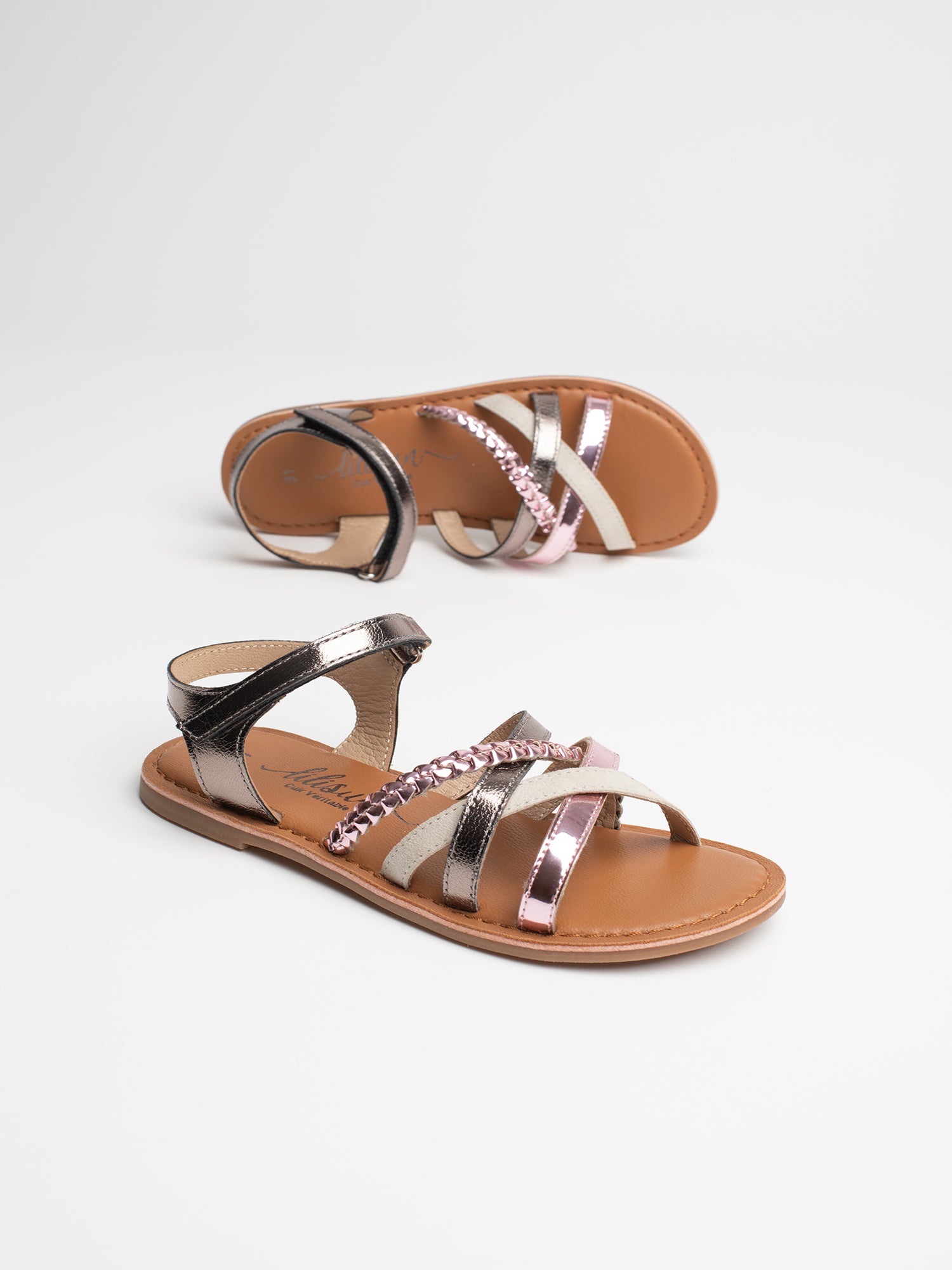 NAELA Sandales en cuir rose métallisé