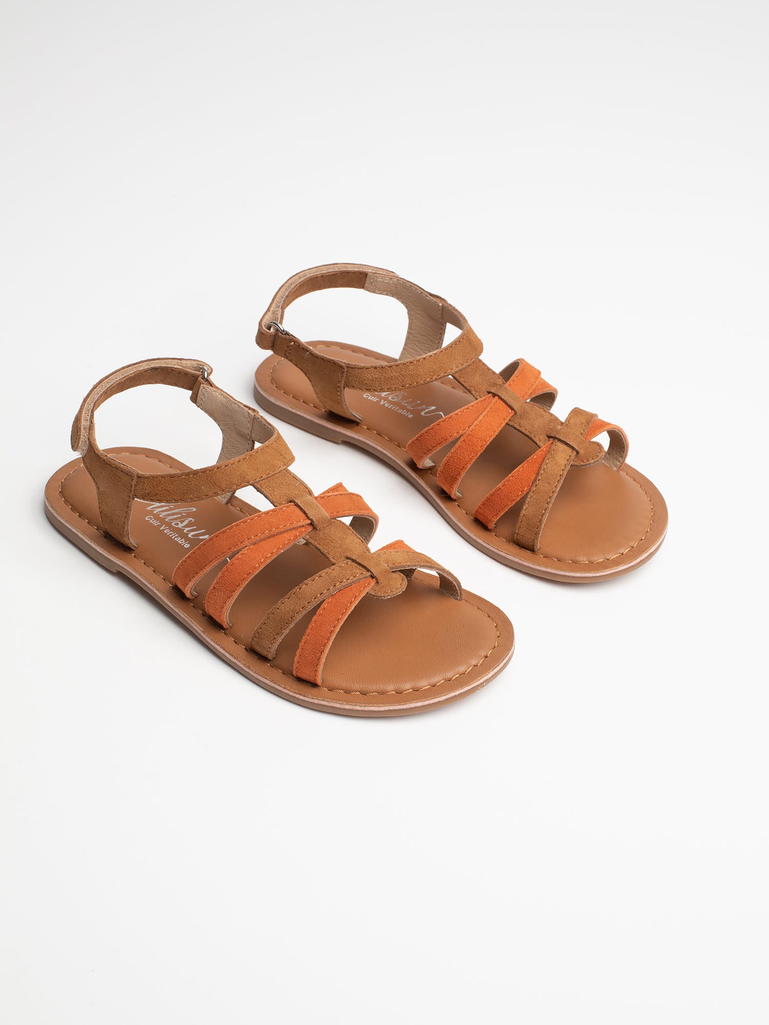 MEILI Sandales en cuir camel et orange