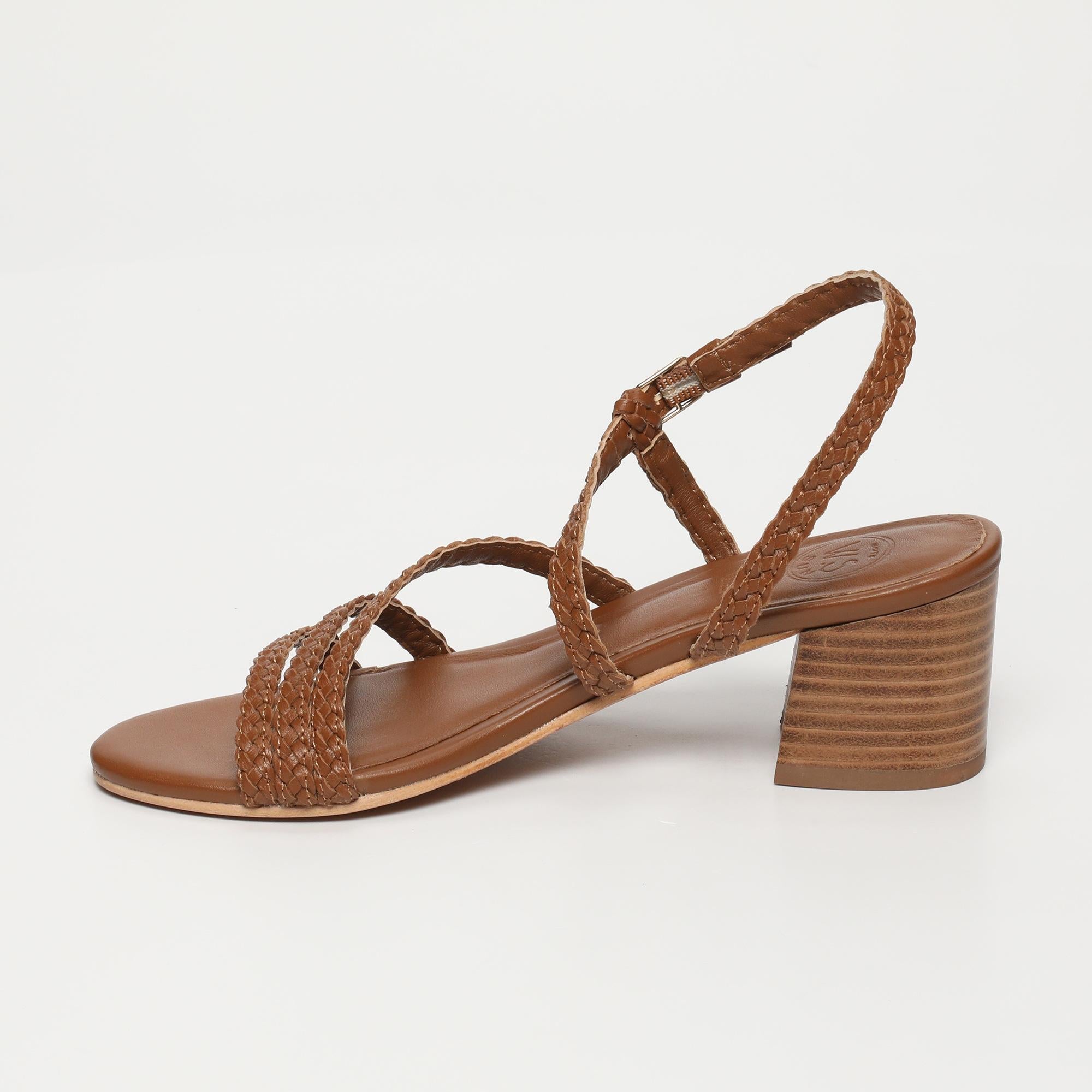 MAHA sandales talon tresse en cuir camel
