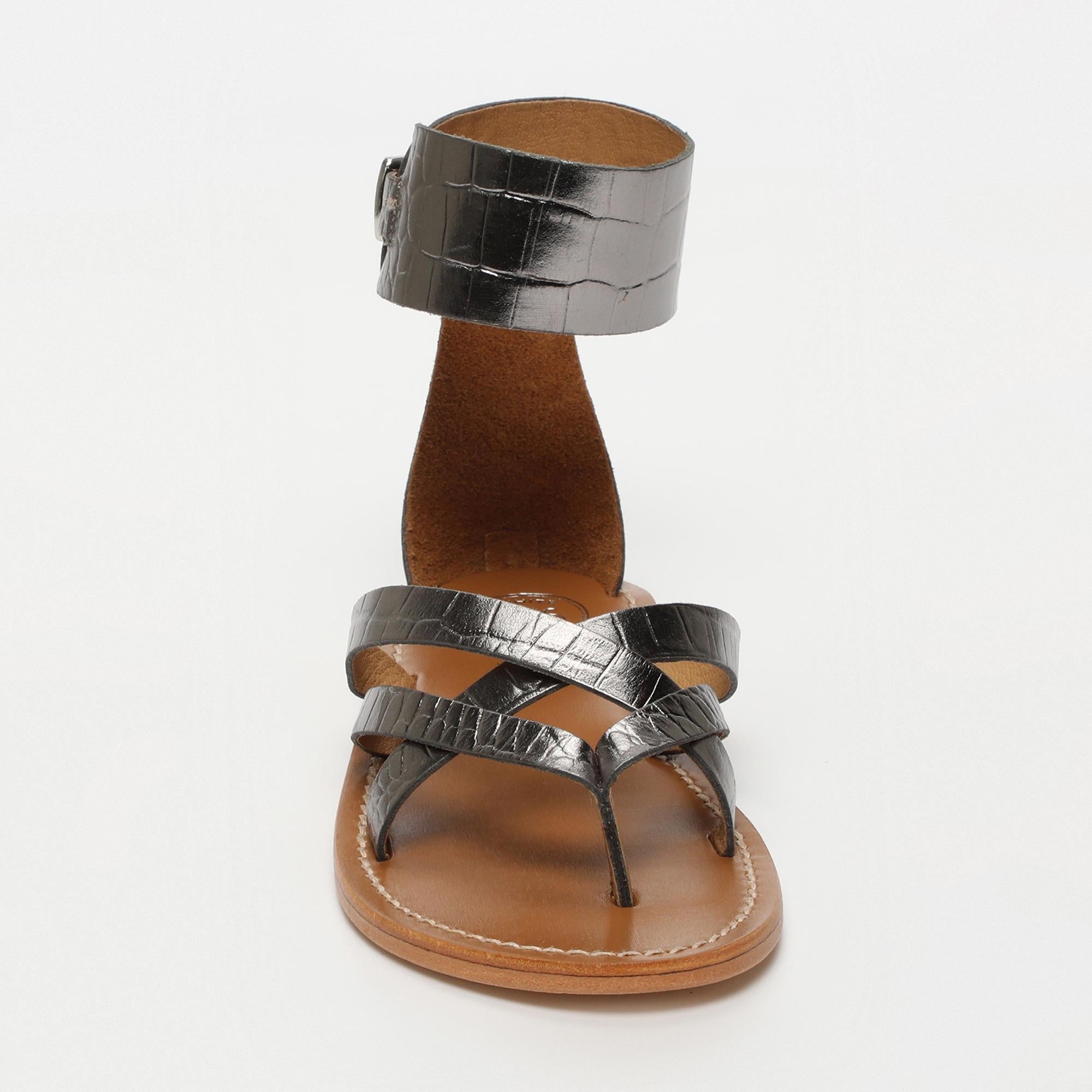 MANOA sandales entre doigt bracelet de cheville en cuir croco étain