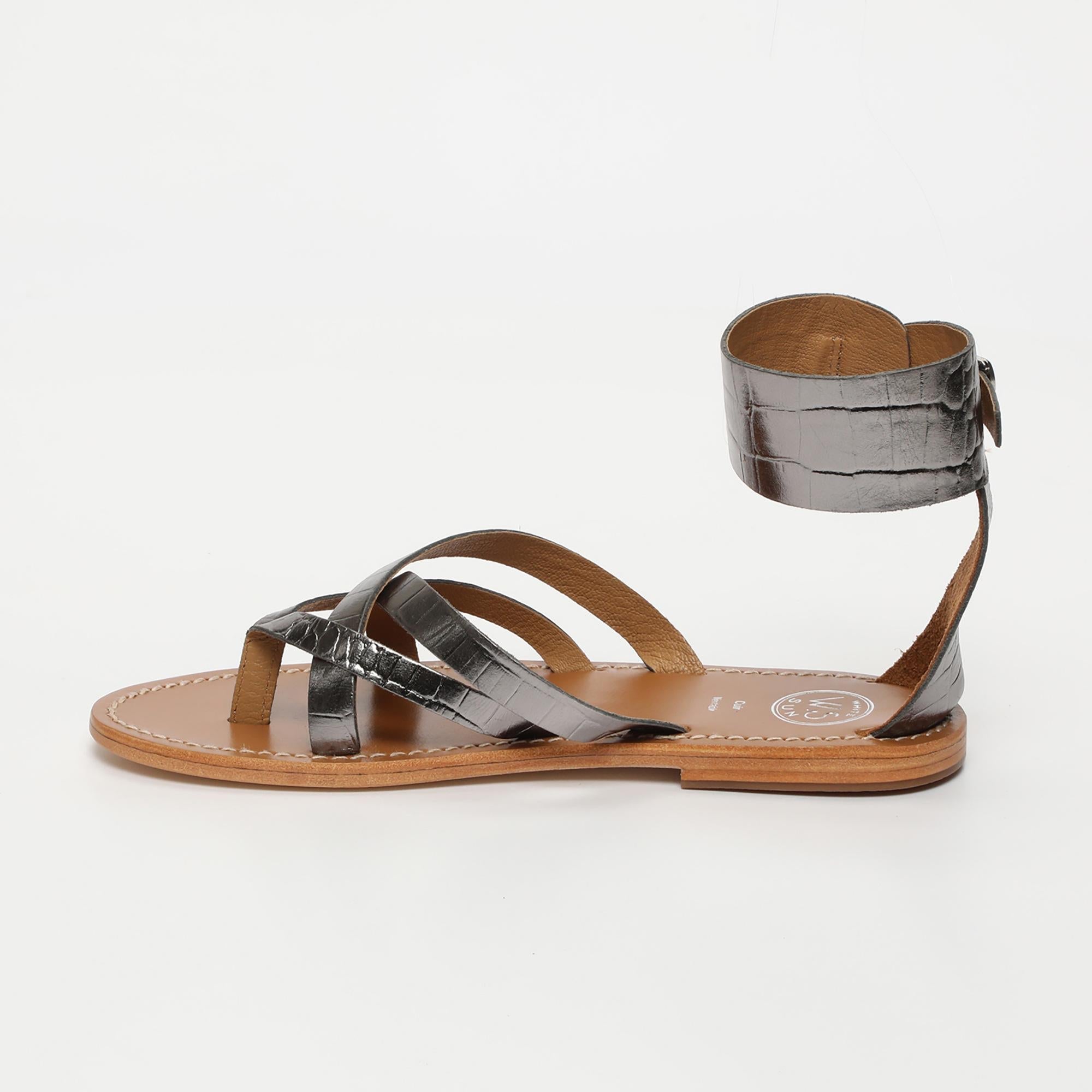 MANOA sandales entre doigt bracelet de cheville en cuir croco étain