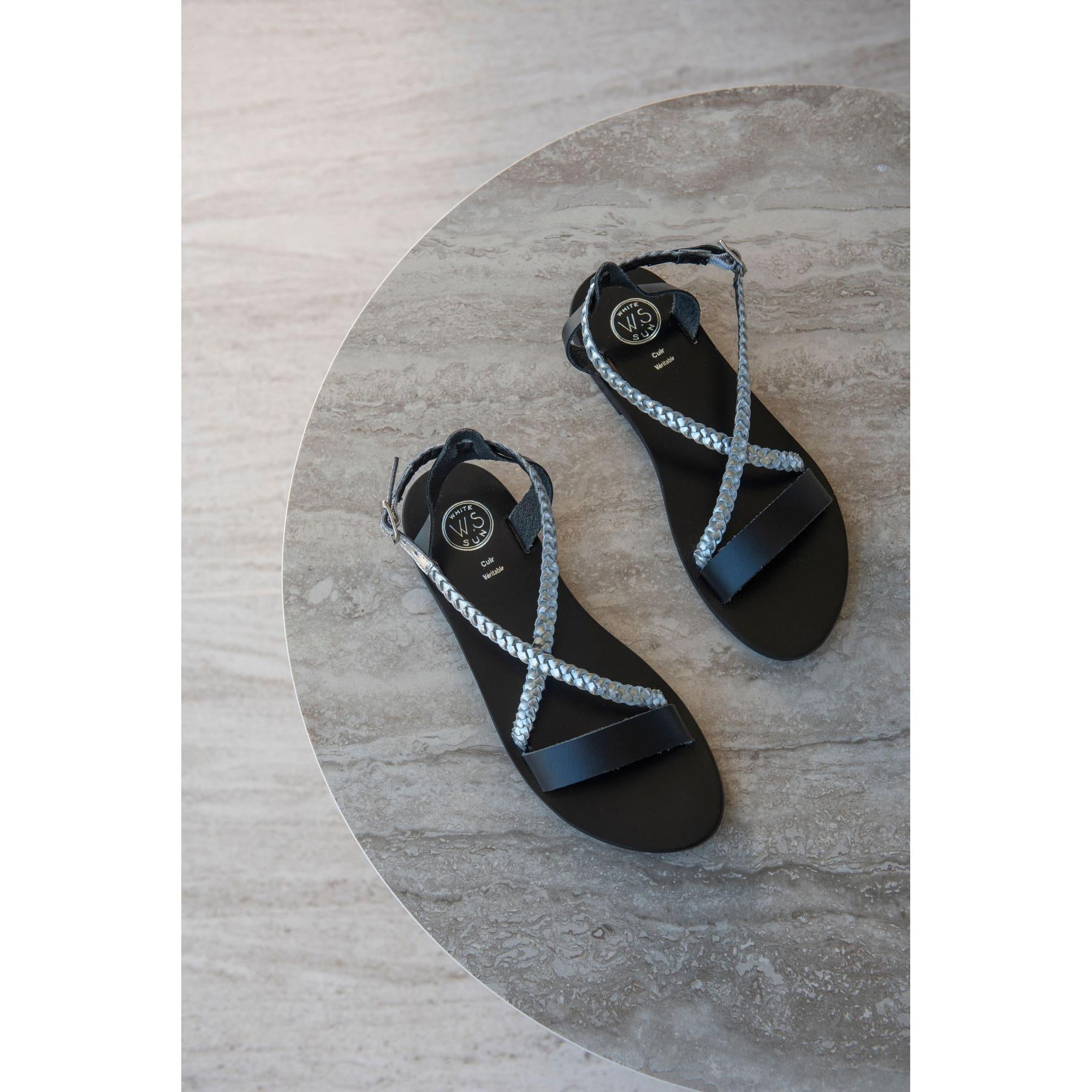 TALIA sandales tresse en cuir noir et argent