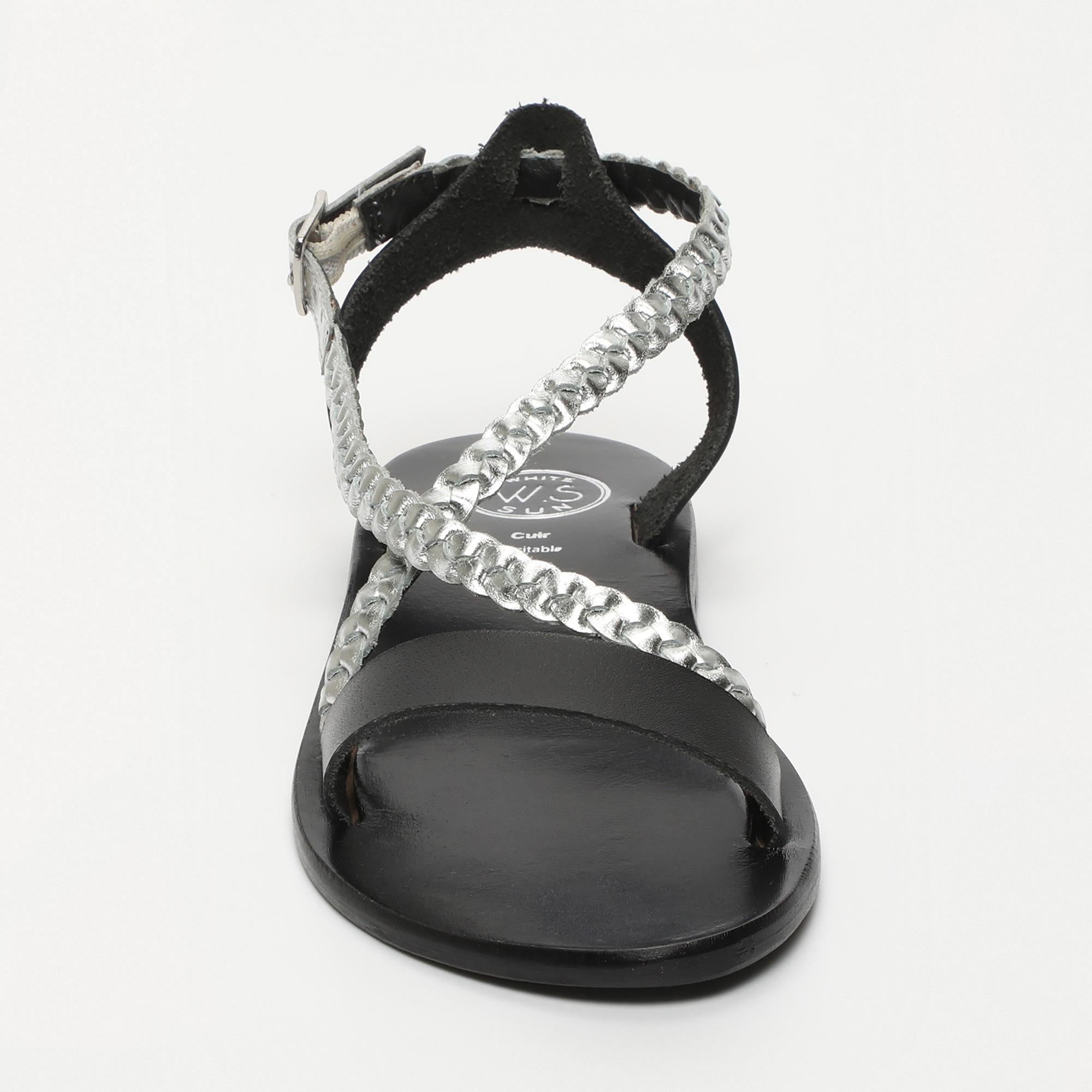 TALIA sandales tresse en cuir noir et argent