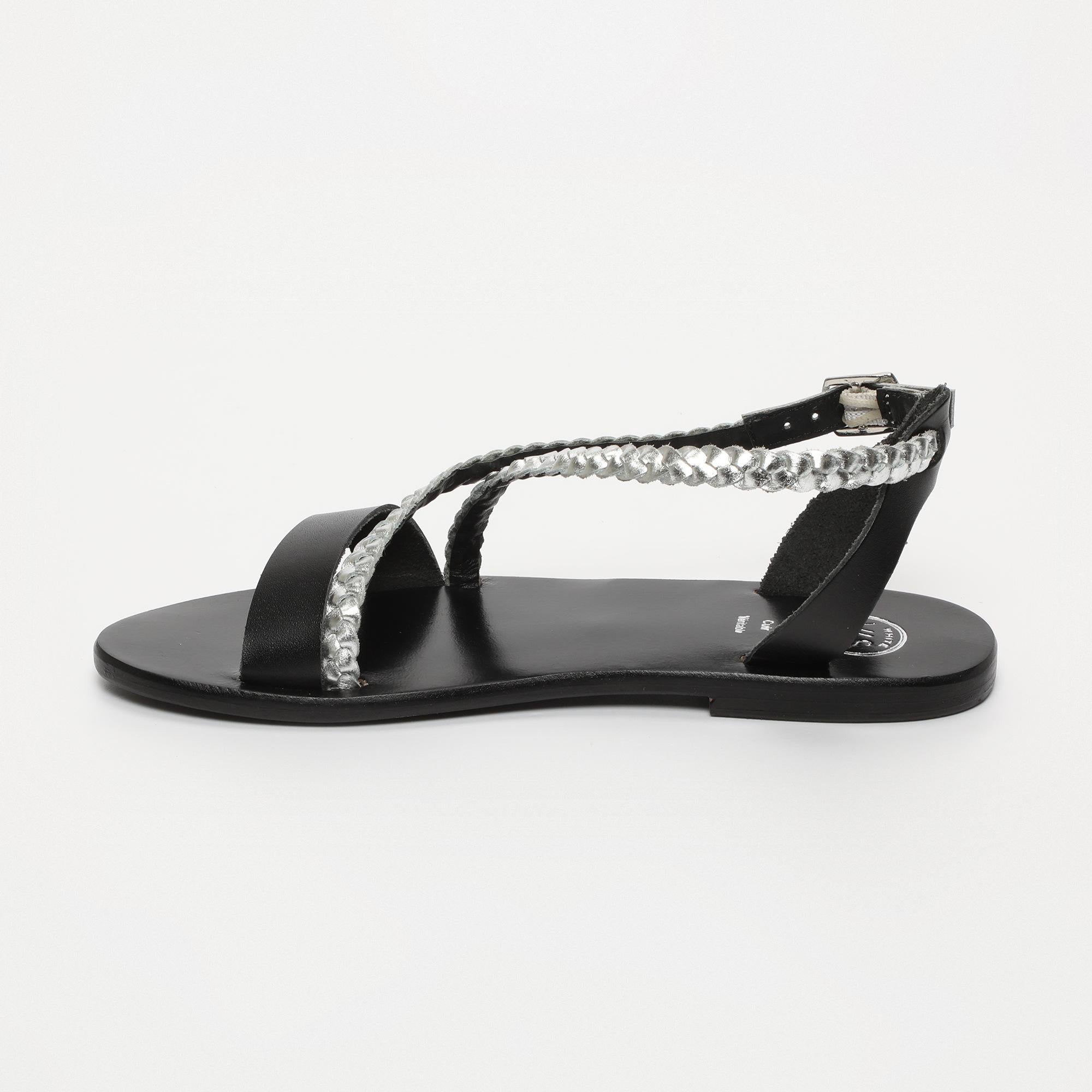 TALIA sandales tresse en cuir noir et argent