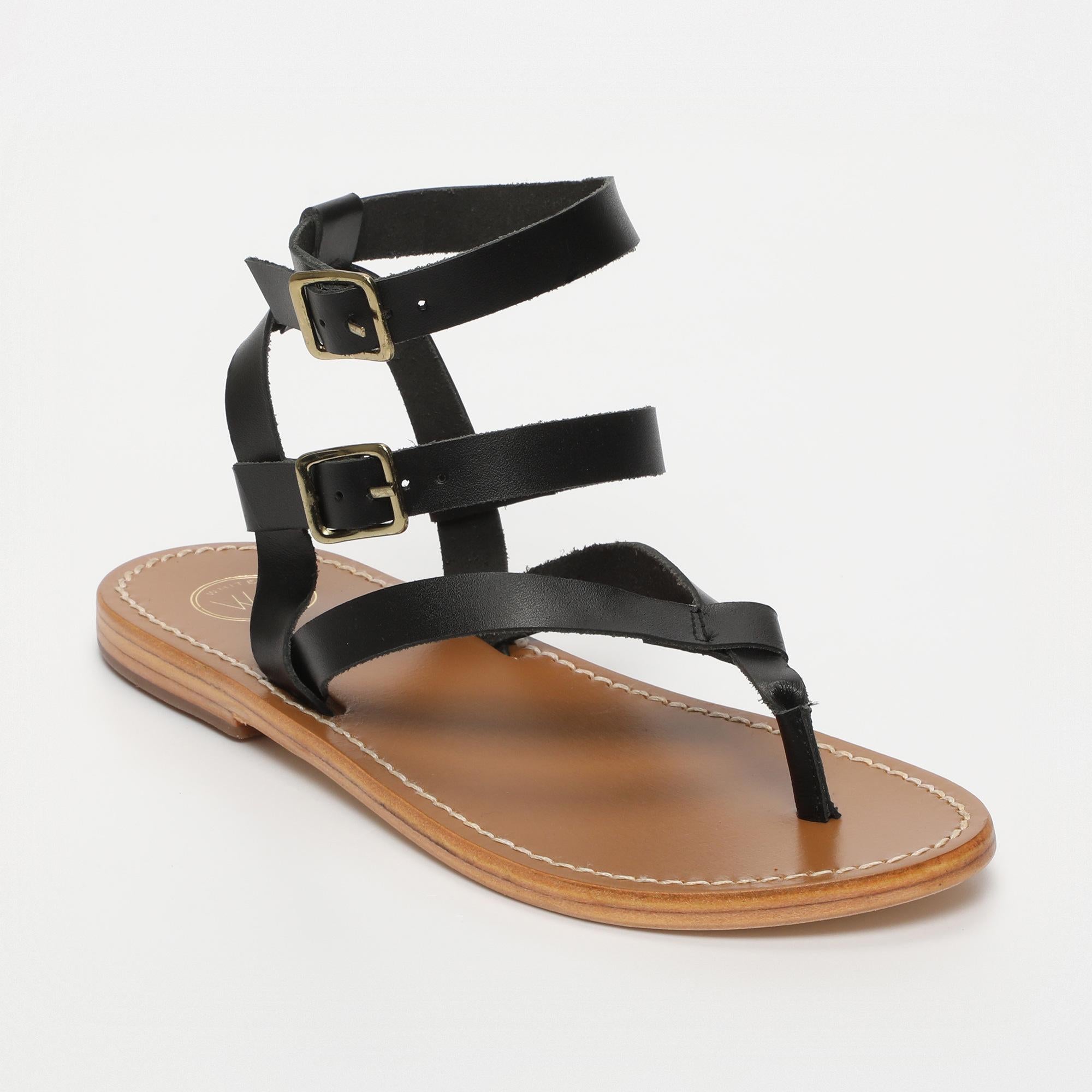 THEA sandales entre doigt bracelet de cheville en cuir noir