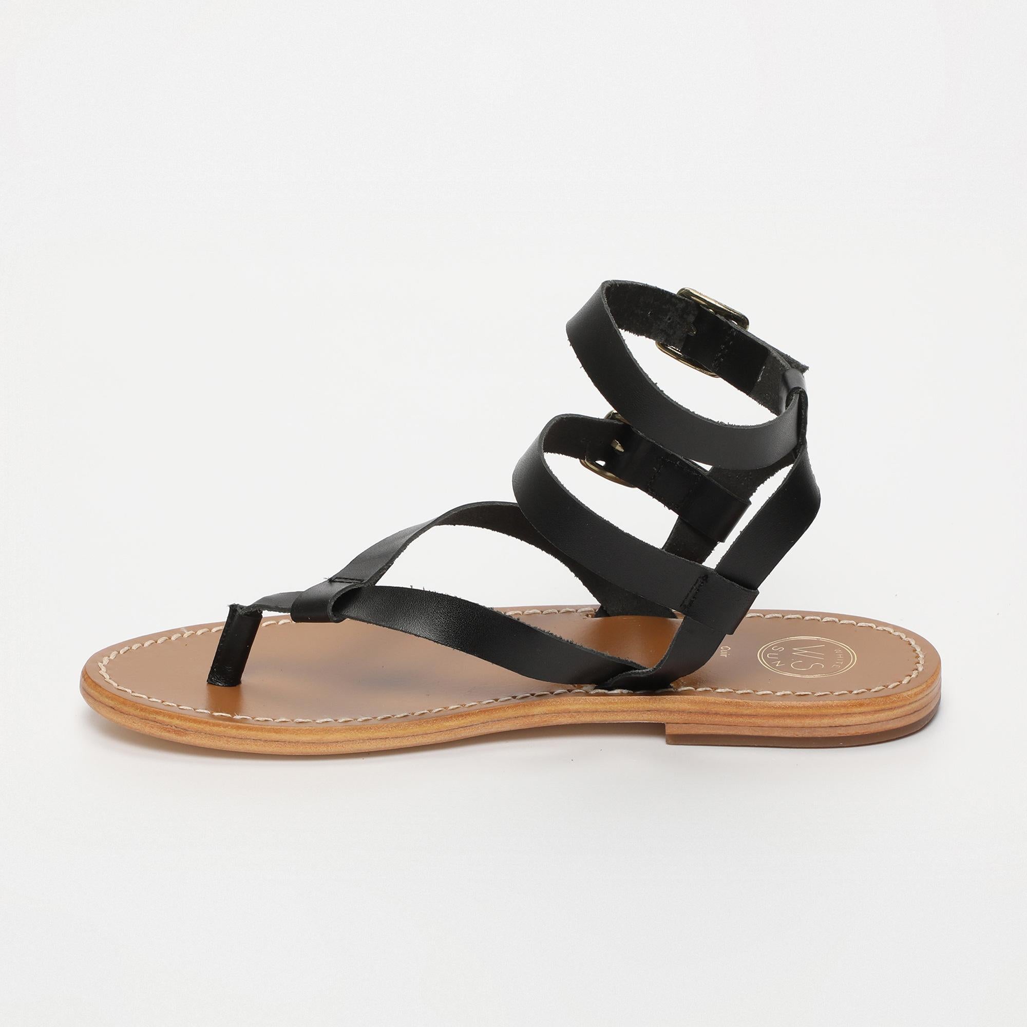 THEA sandales entre doigt bracelet de cheville en cuir noir