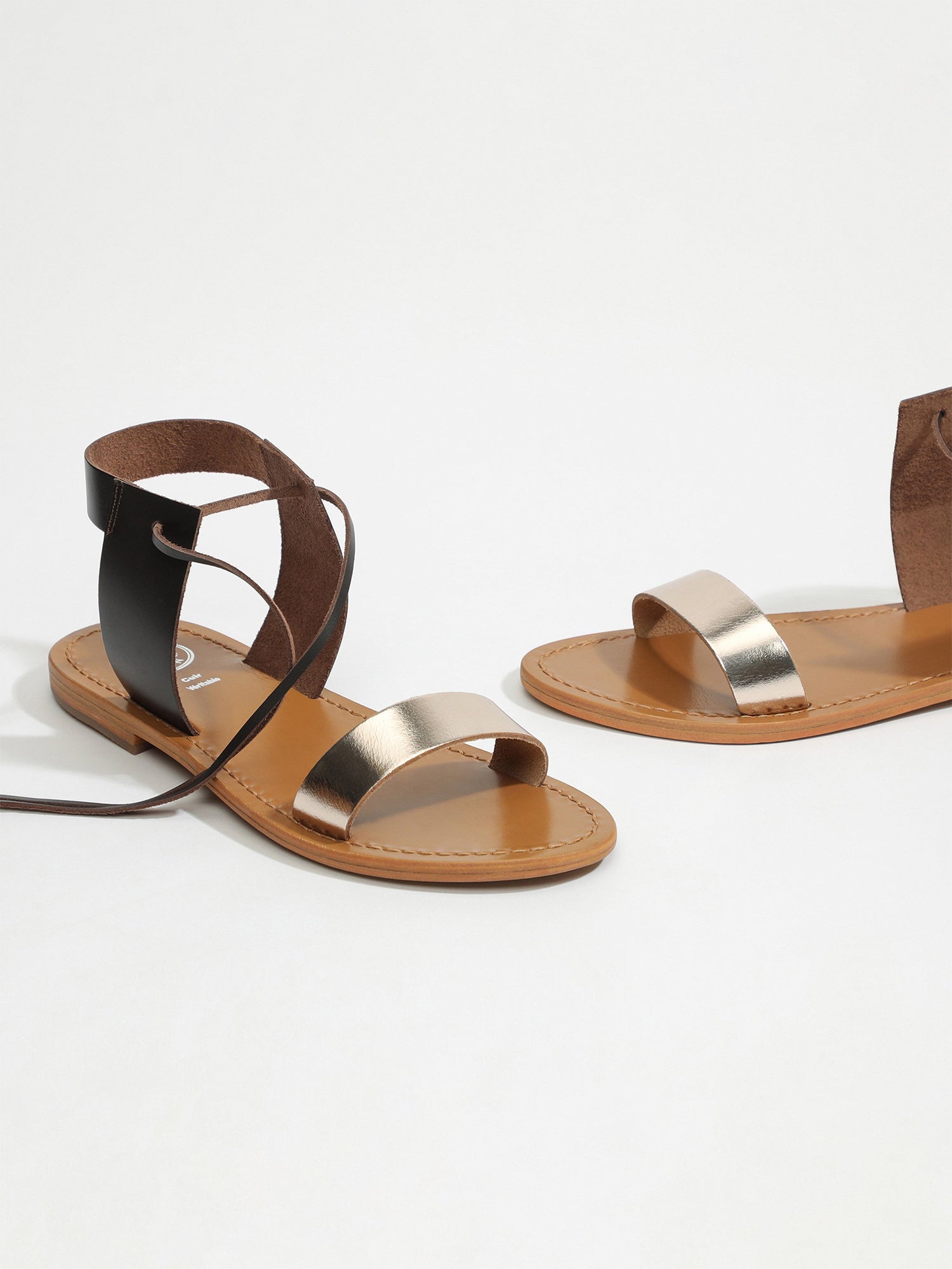 BAHIA sandales bi-color lacets en cuir marron et or