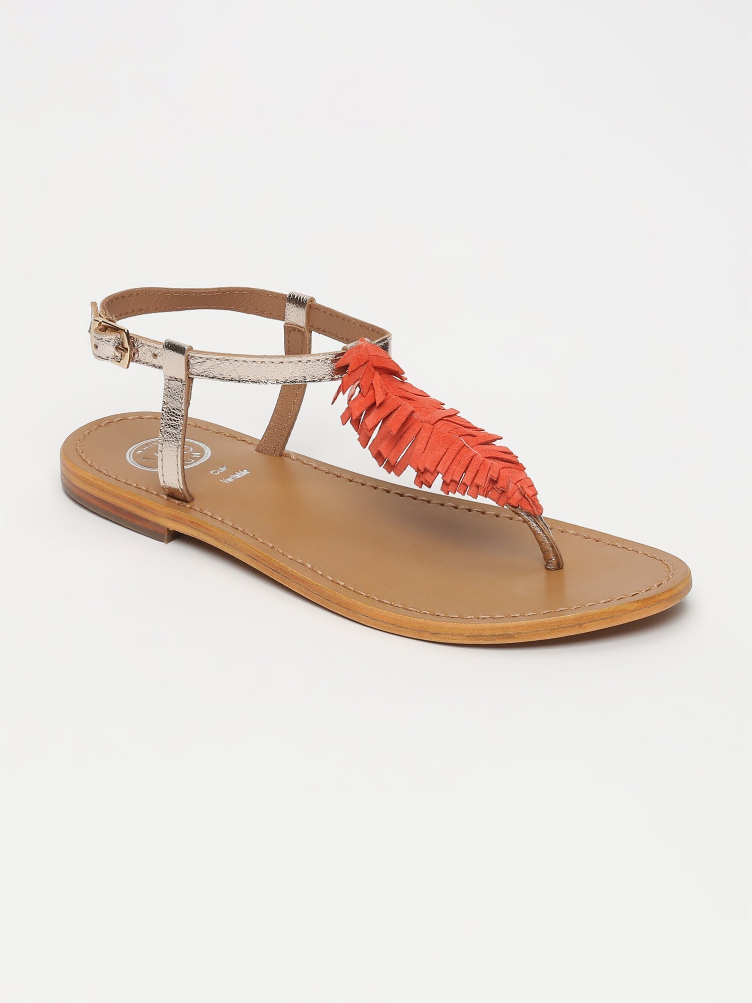 CATARINA sandales entre doigt franges en cuir corail et or