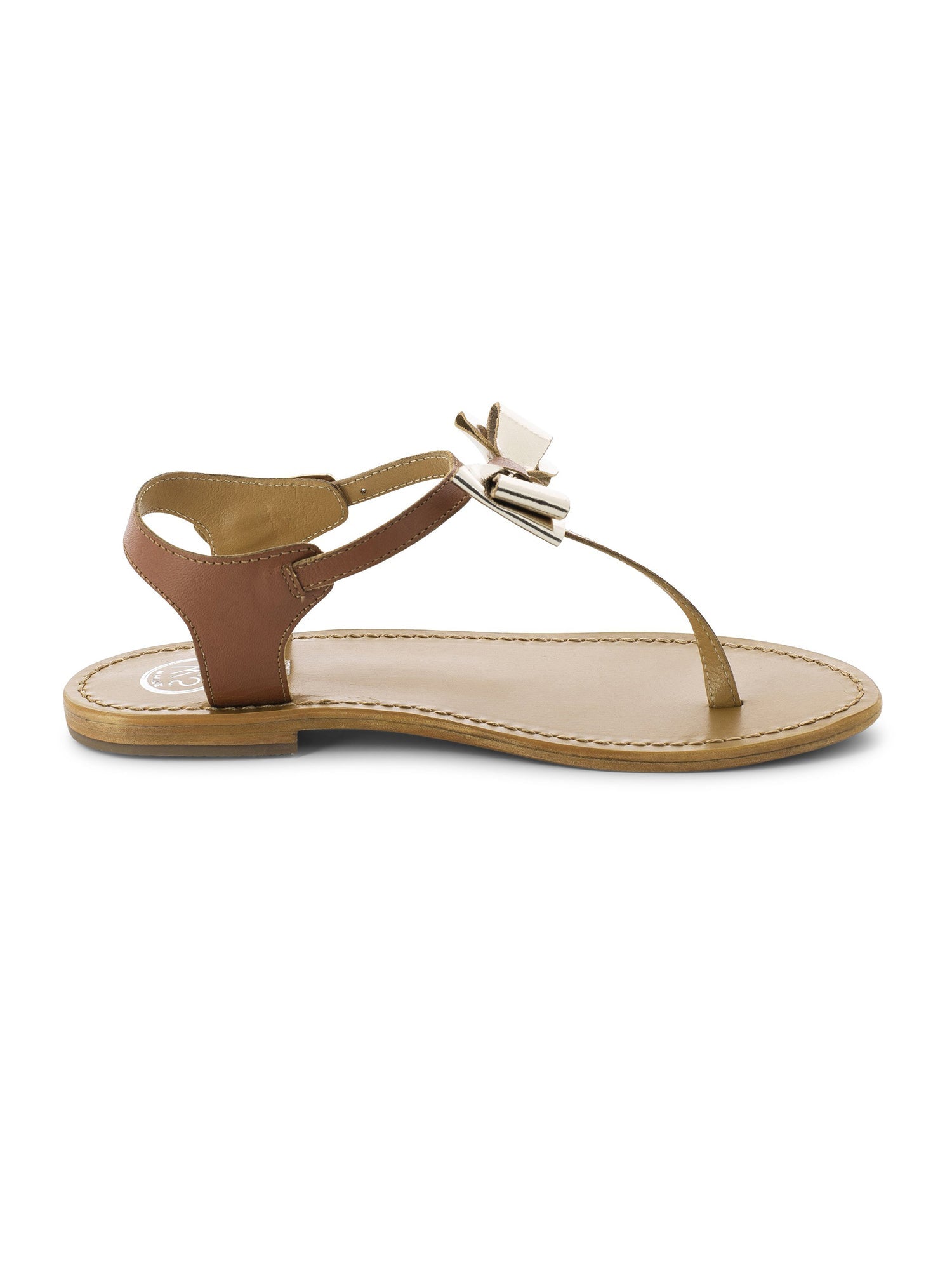 TELEPHAE sandales entre doigt fantaisie en cuir camel et or