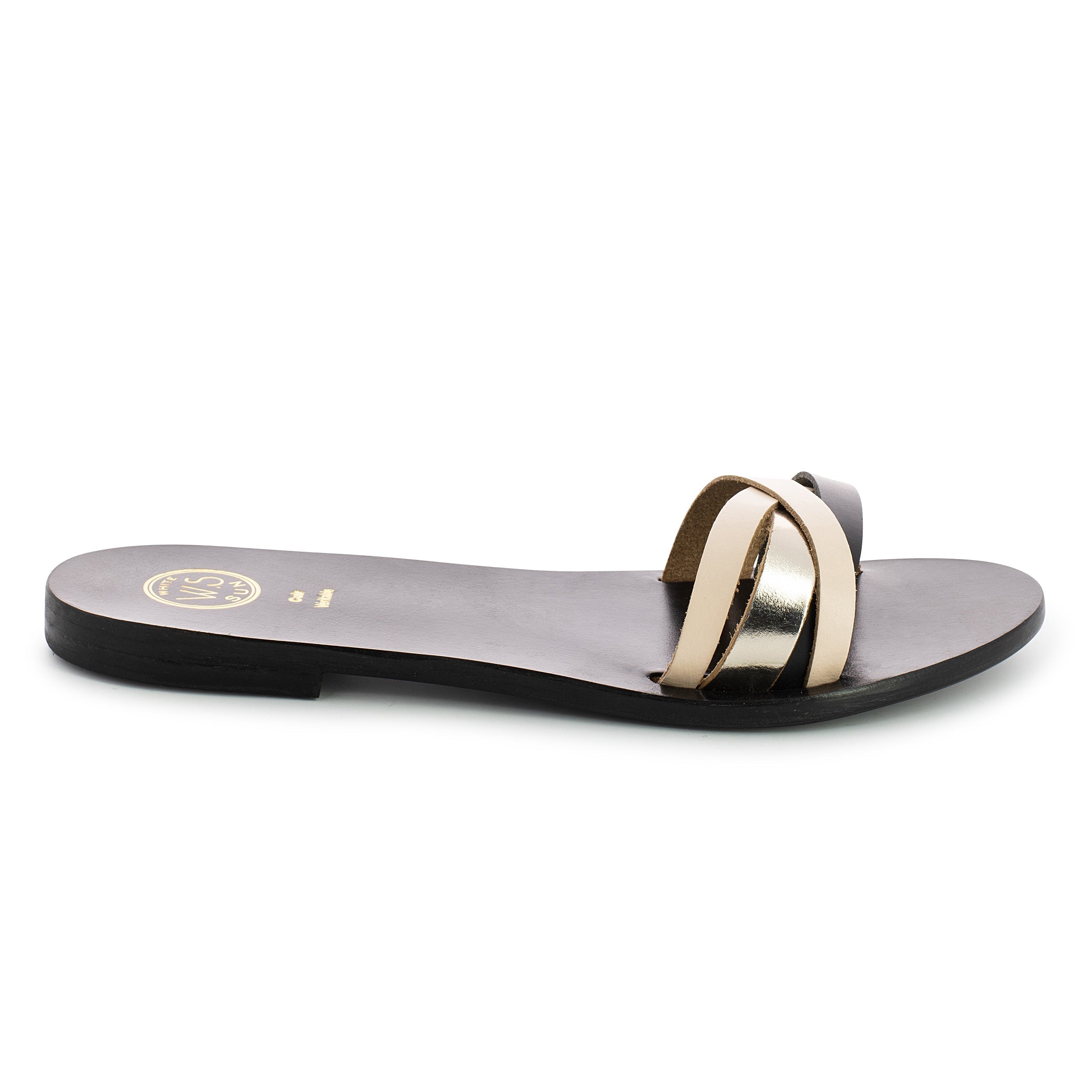 SENECIO mules en cuir beige, noir et or
