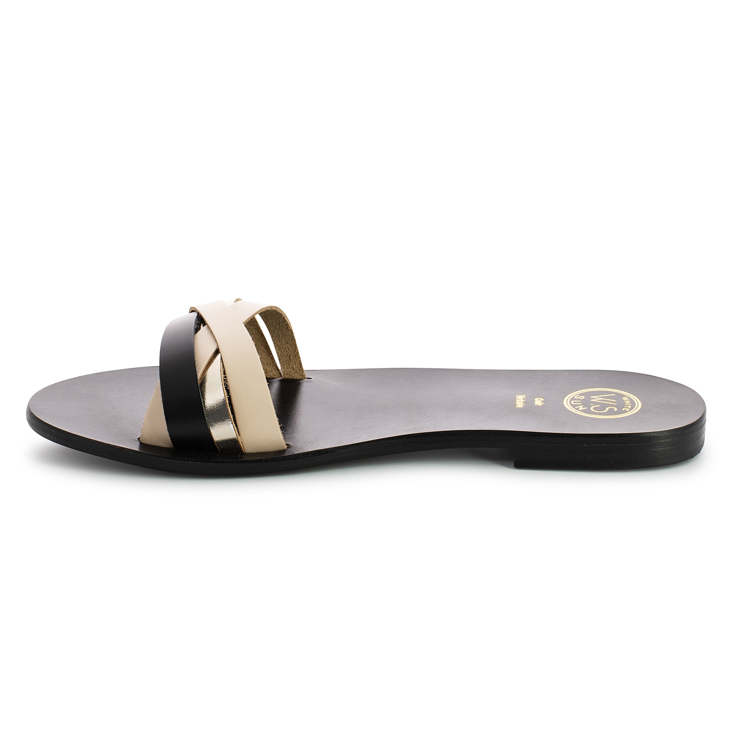SENECIO mules en cuir beige, noir et or