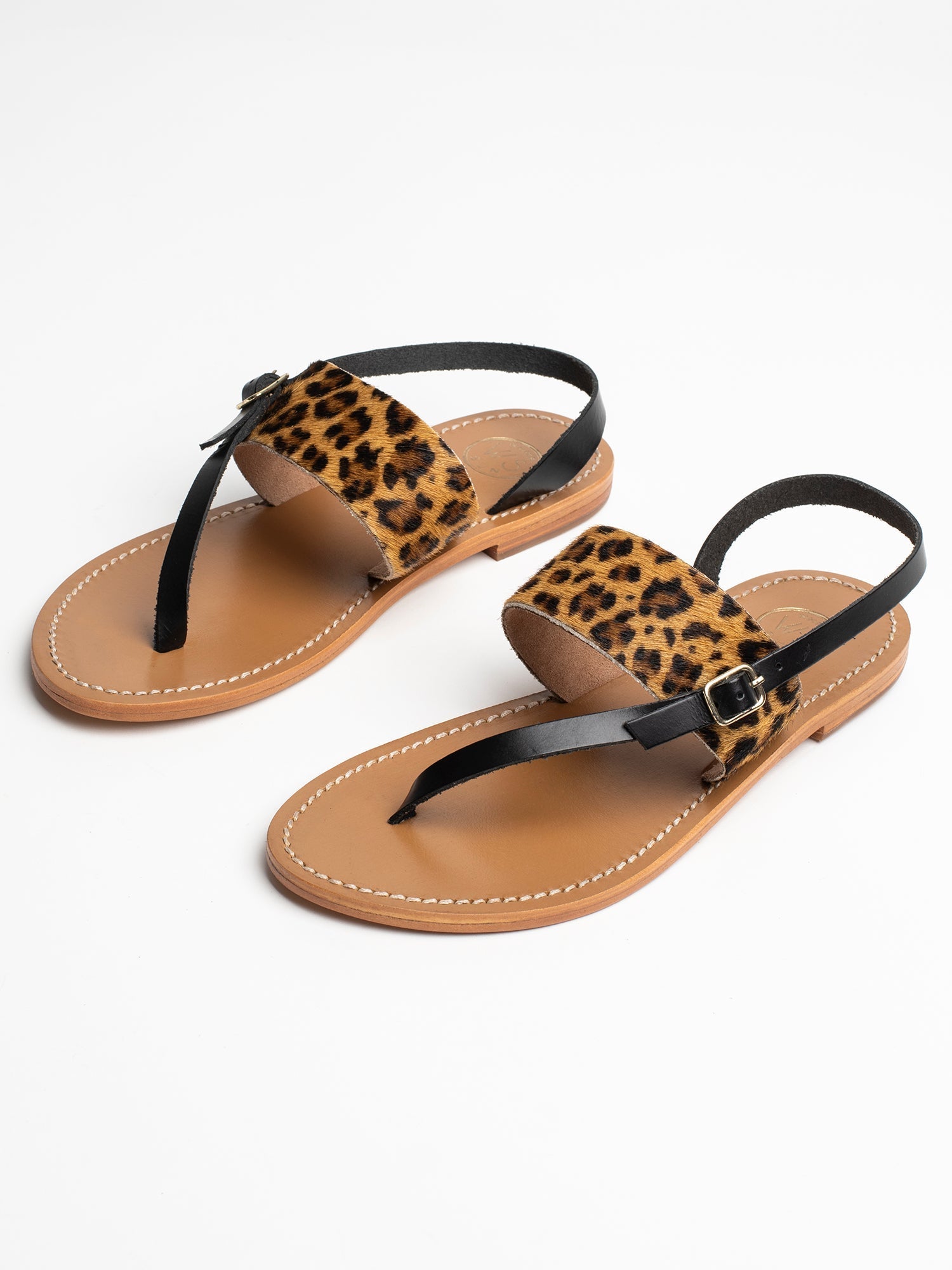 BAGER sandales en cuir noir et léopard
