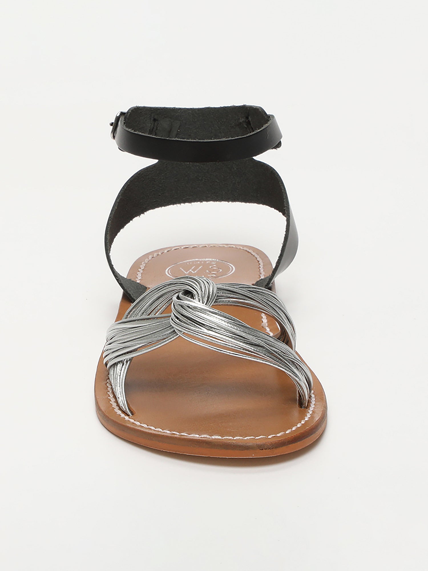 GIANNA sandales bi-color bracelet de cheville en cuir noir et argent