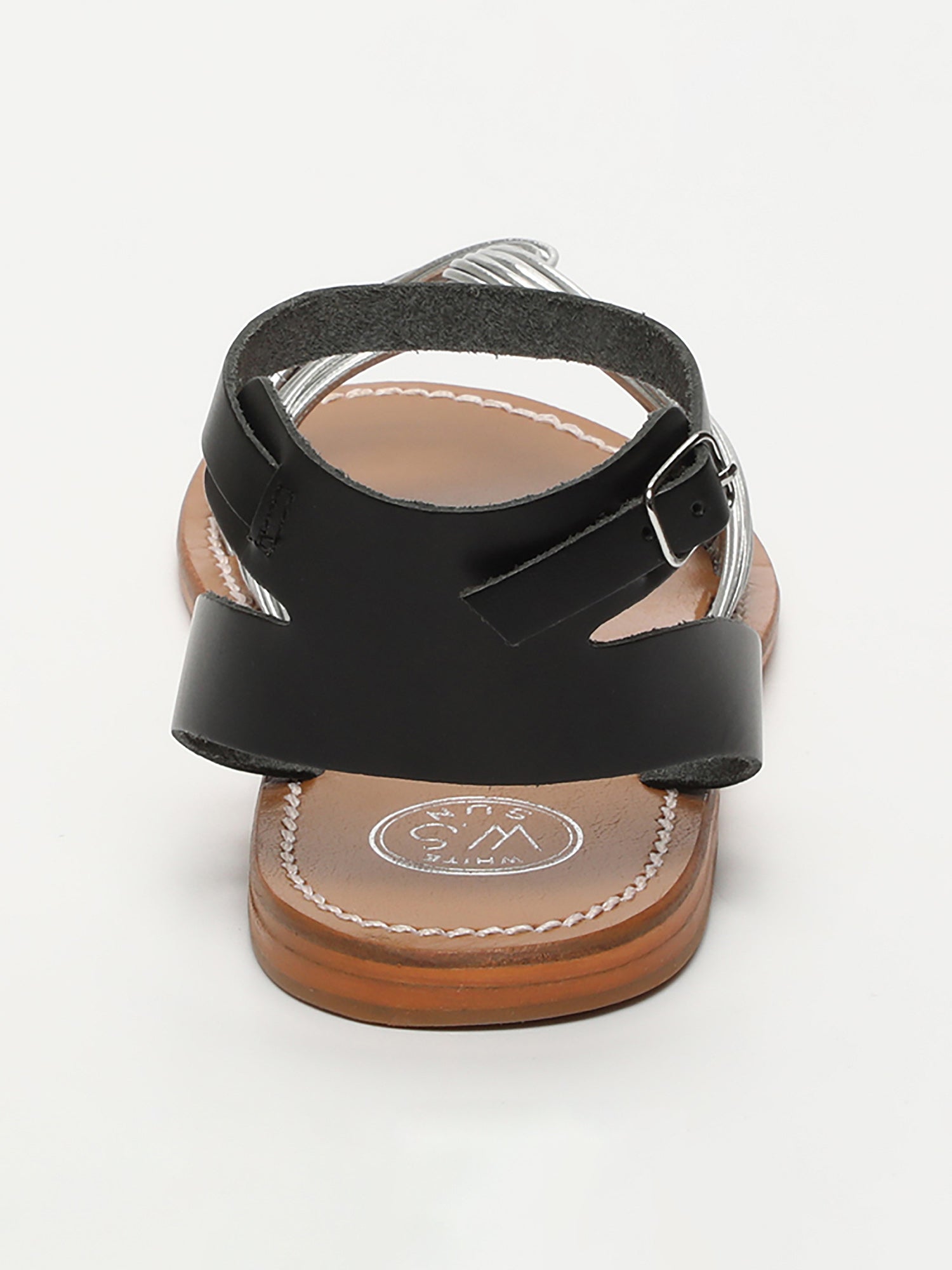 GIANNA sandales bi-color bracelet de cheville en cuir noir et argent