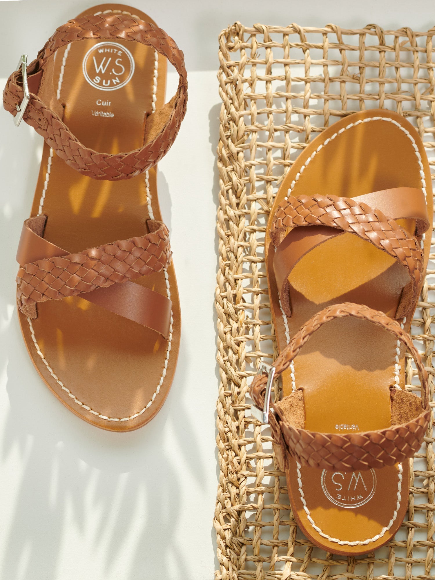 AREVALO sandales tresse en cuir camel