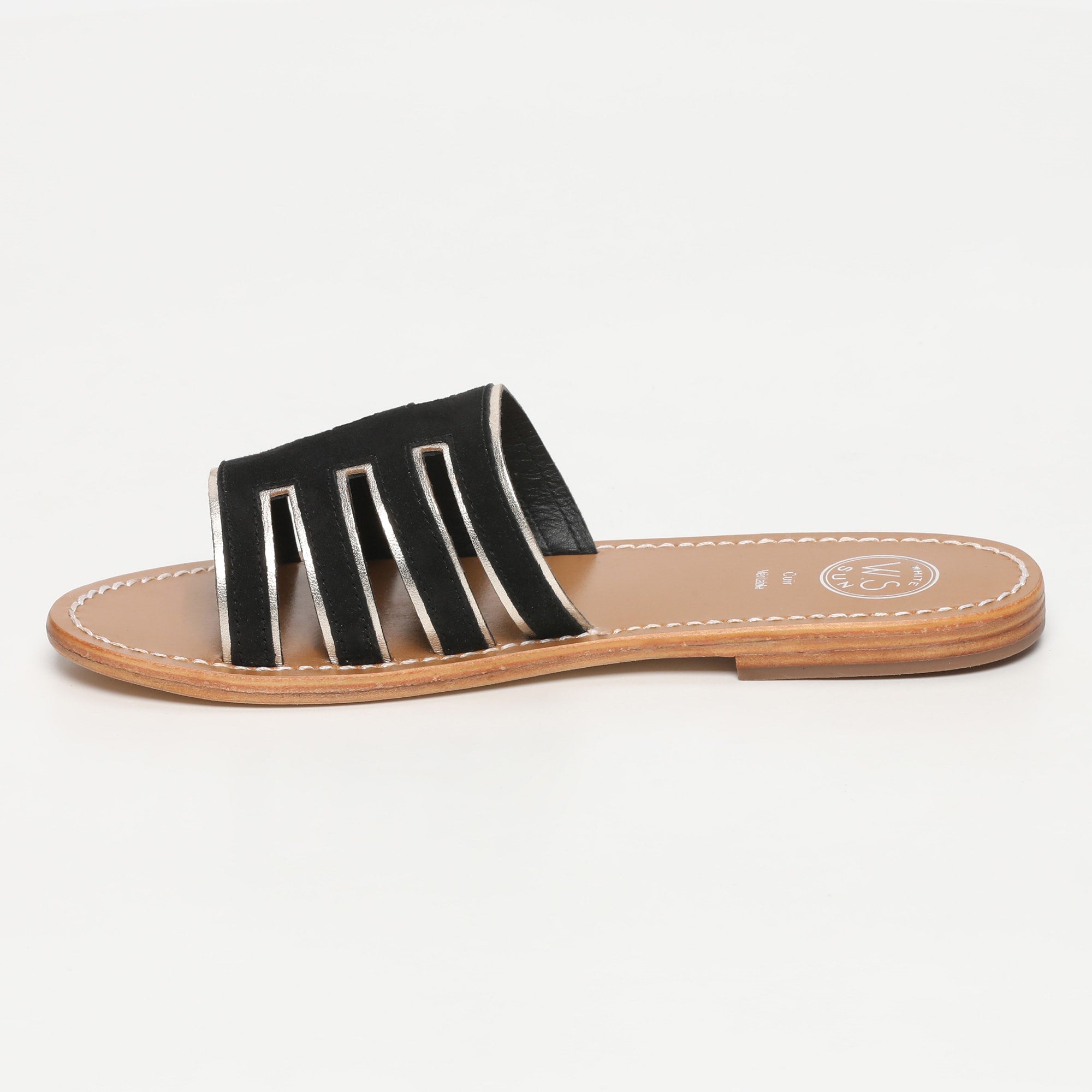 ALDEA mules bi-color en cuir noir et platine