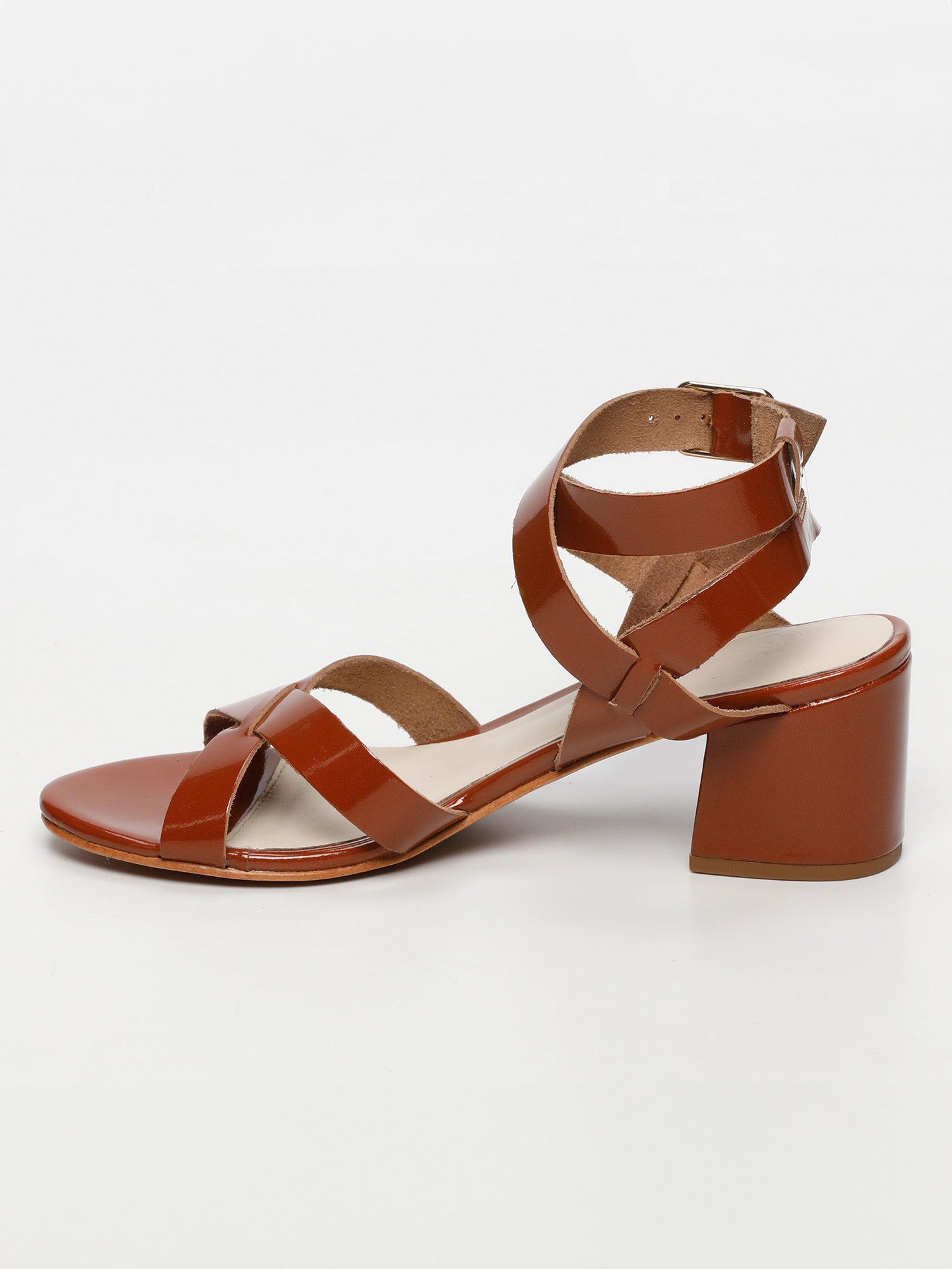 ANABA sandales talon bracelet de cheville en cuir camel verni