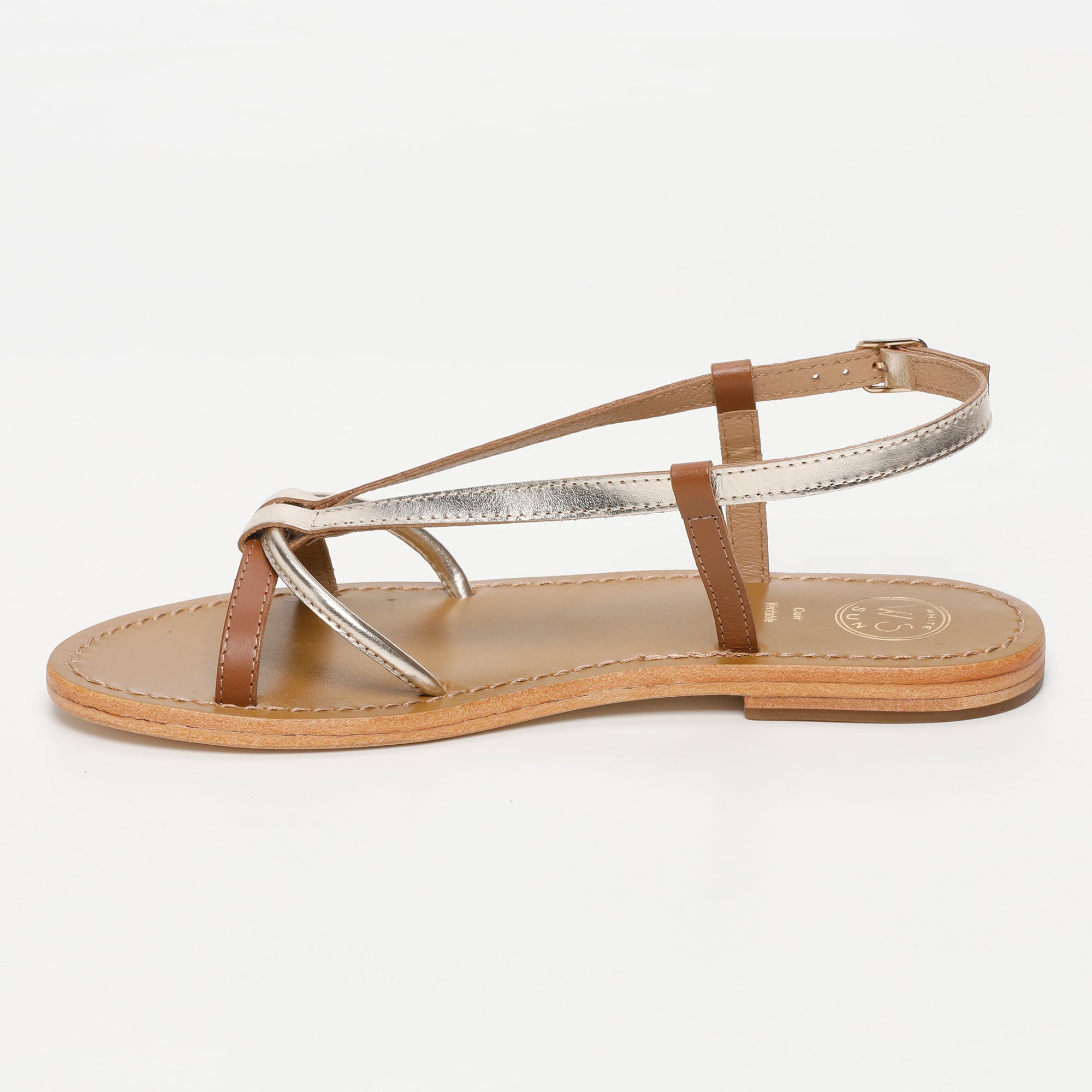 MONASHI sandales bi-color en cuir camel et or
