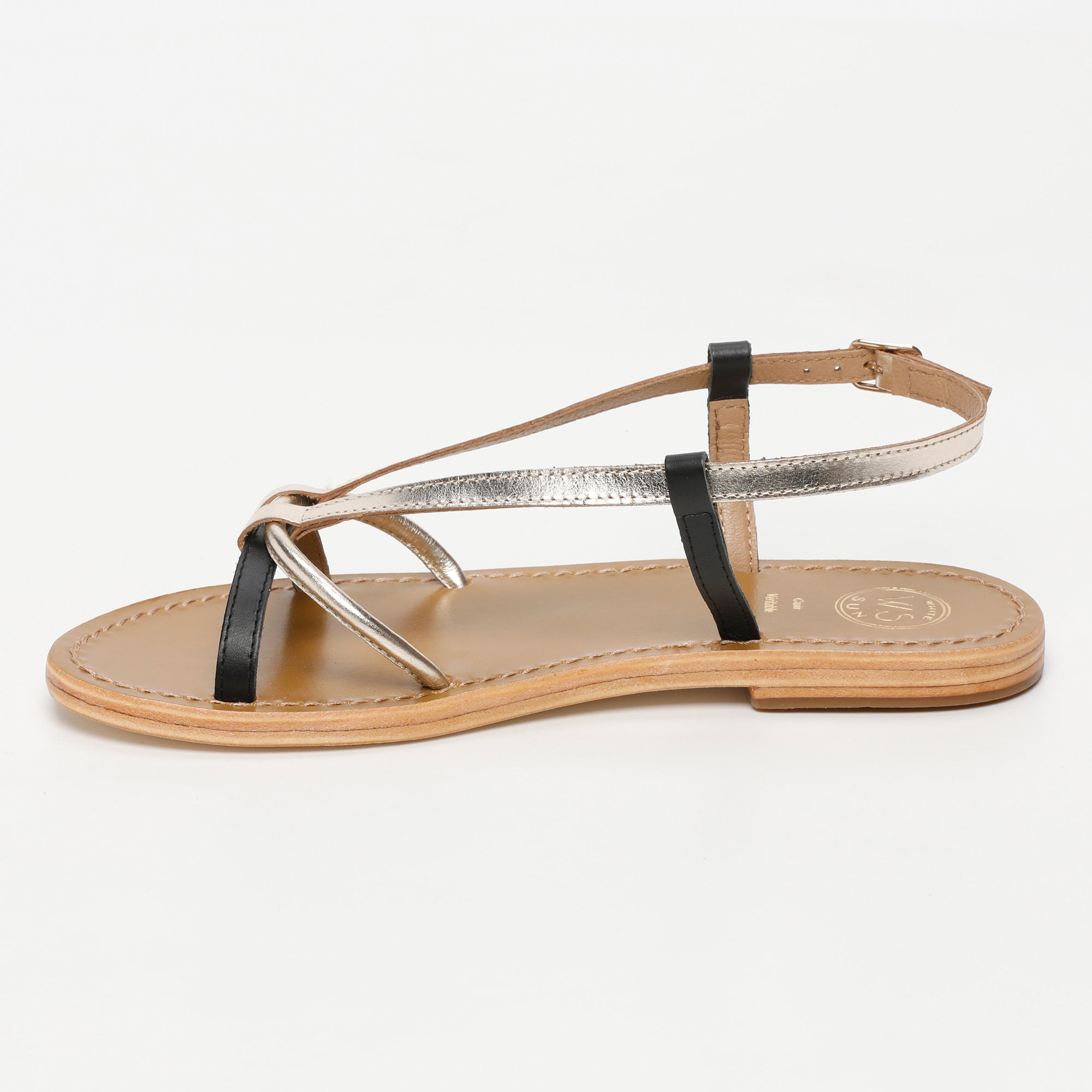 MONASHI sandales bi-color en cuir noir et or