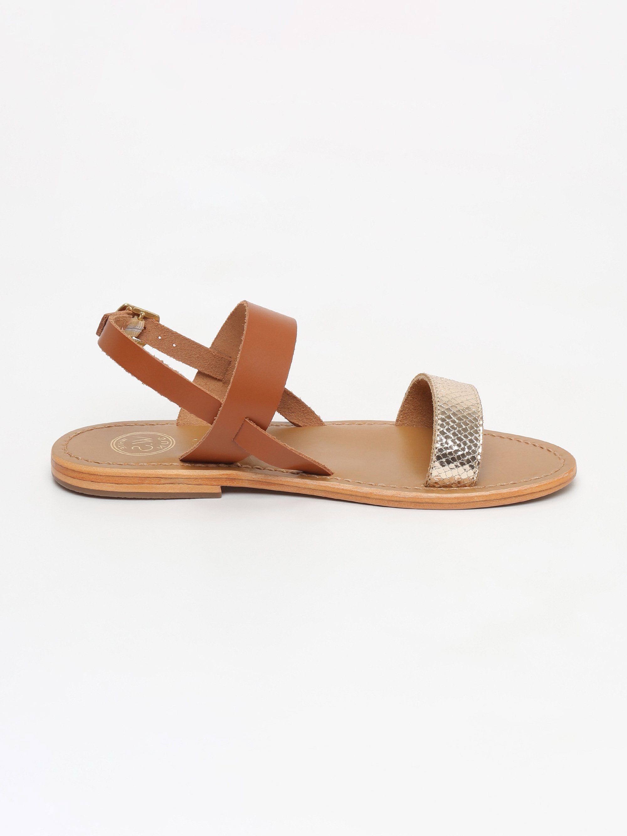 BURSA sandales bi-color en cuir camel et or