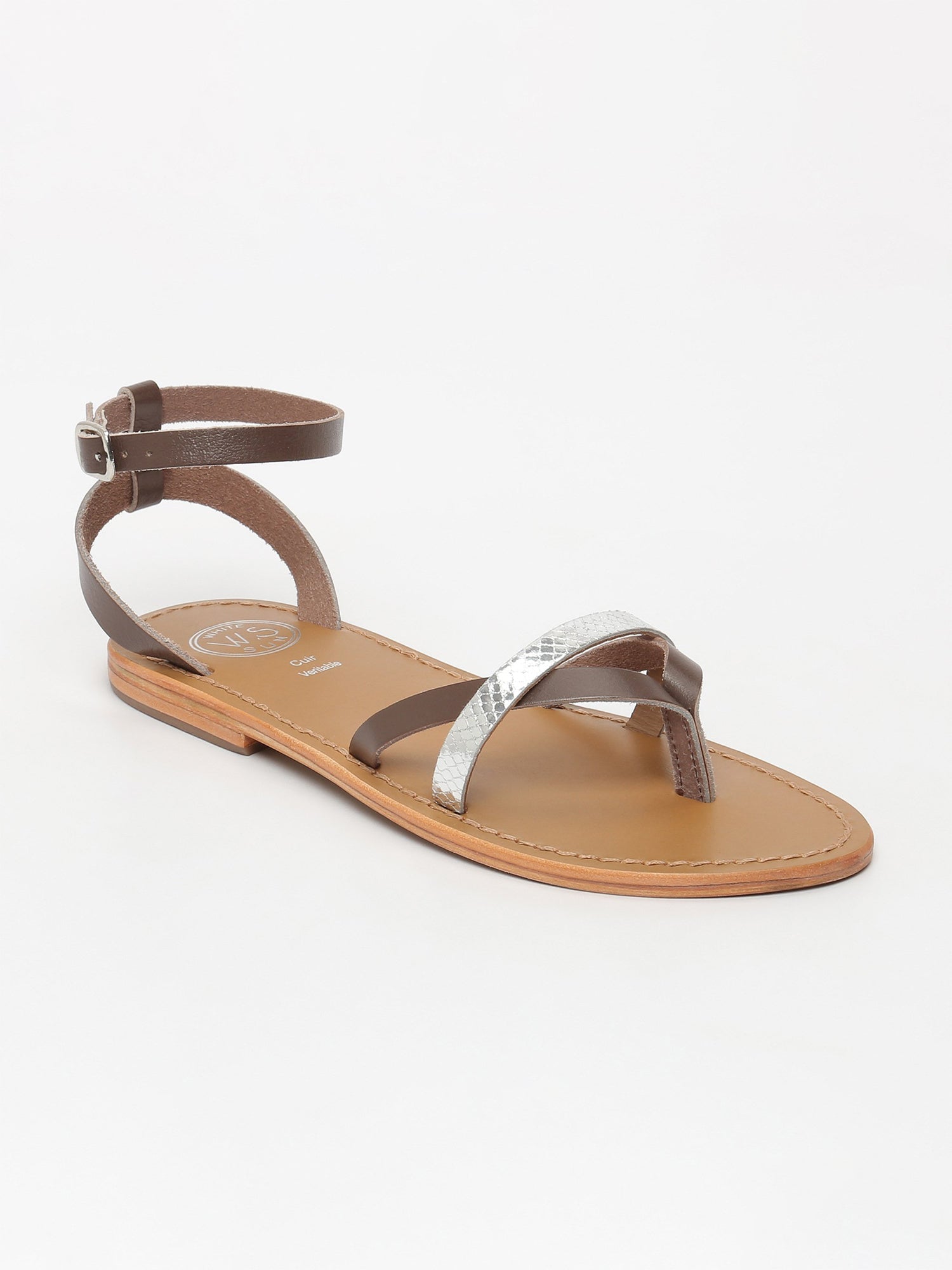 MITRA sandales entre doigt en cuir gris et argent