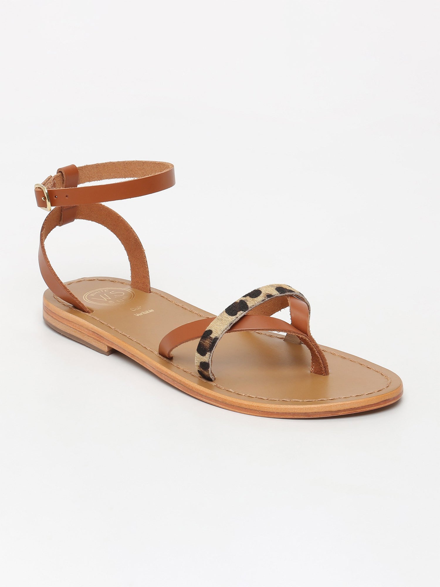 MITRA sandales entre doigt en cuir tigre et camel