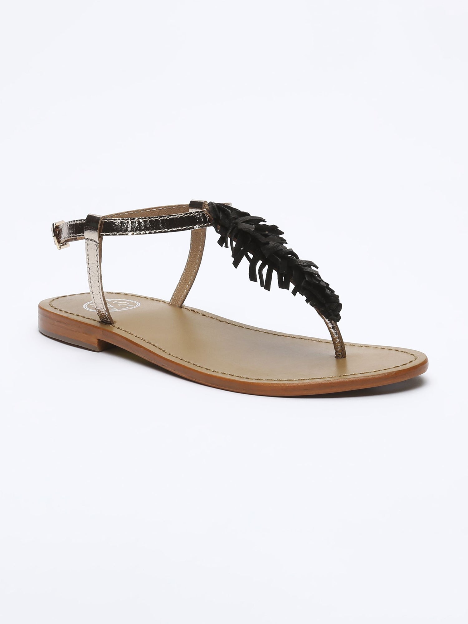 CATARINA sandales entre doigt franges en cuir noir et or