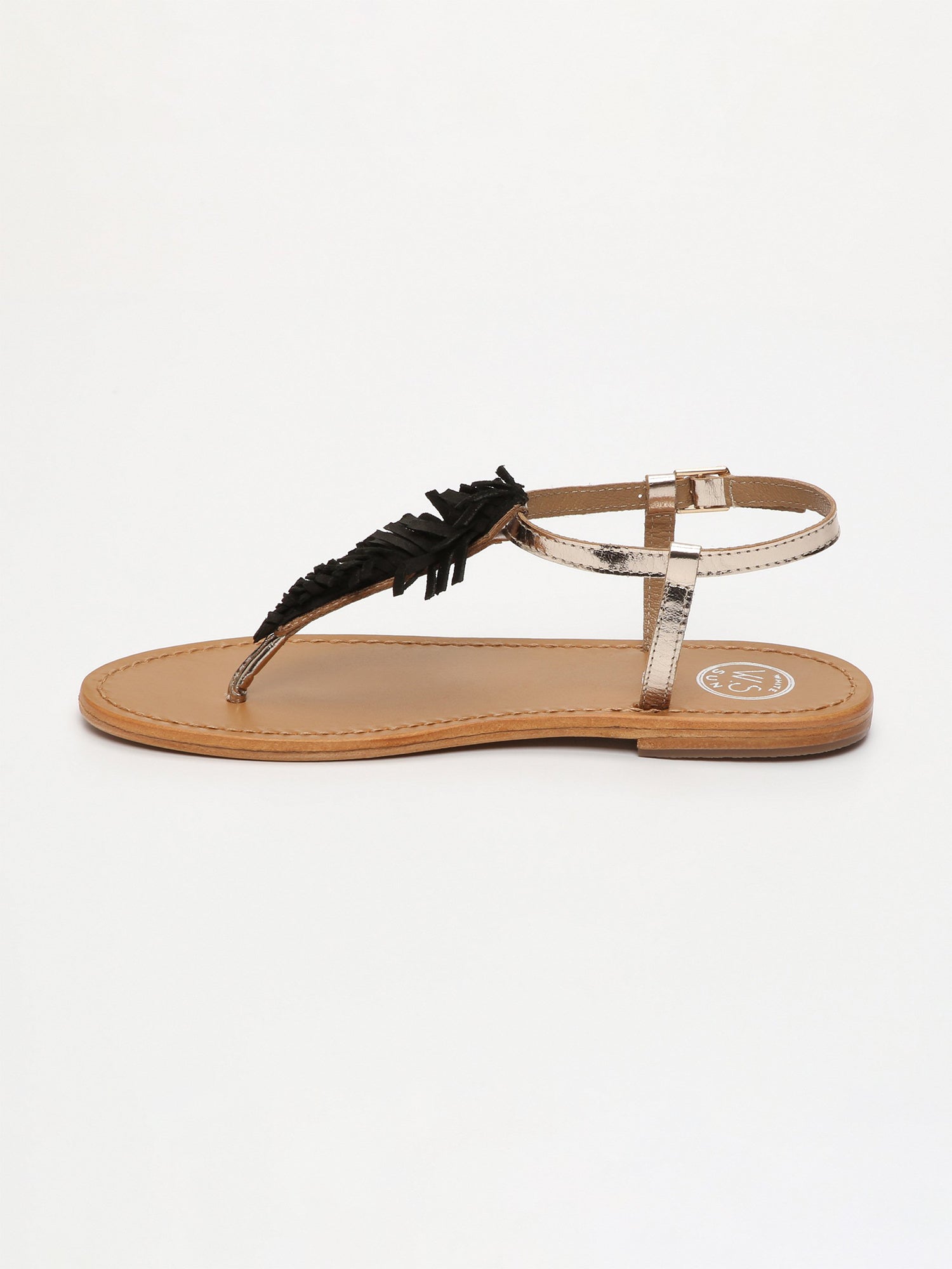 CATARINA sandales entre doigt franges en cuir noir et or