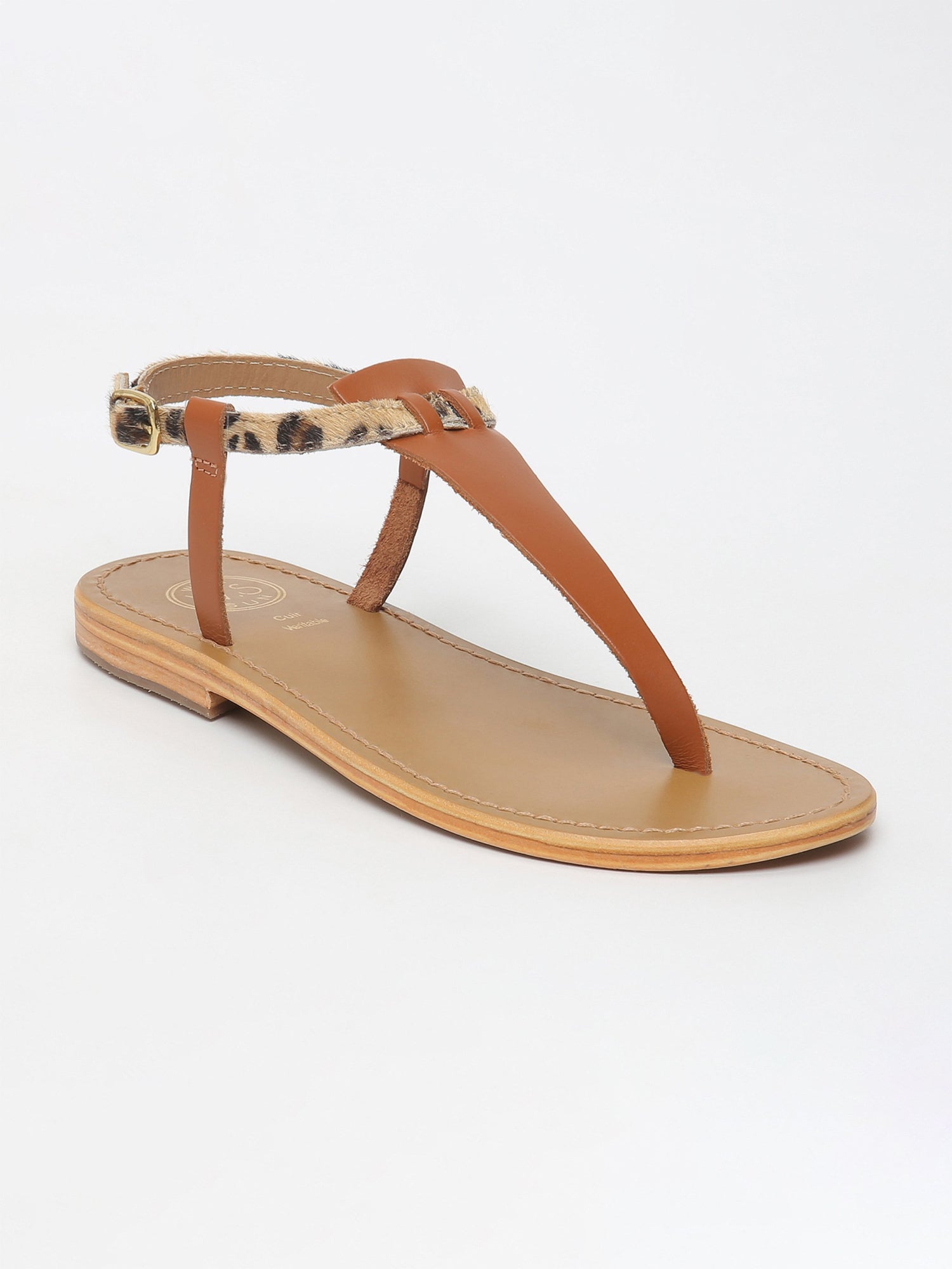 BULLA sandales entre doigt en cuir camel et léopard
