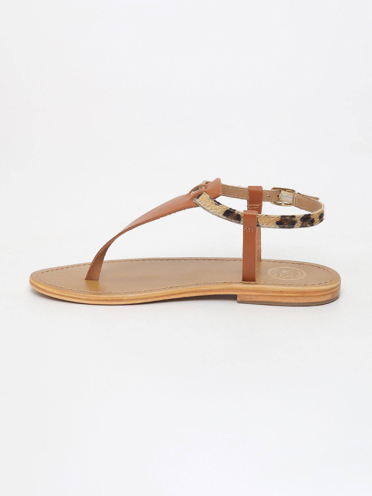 BULLA sandales entre doigt en cuir camel et léopard