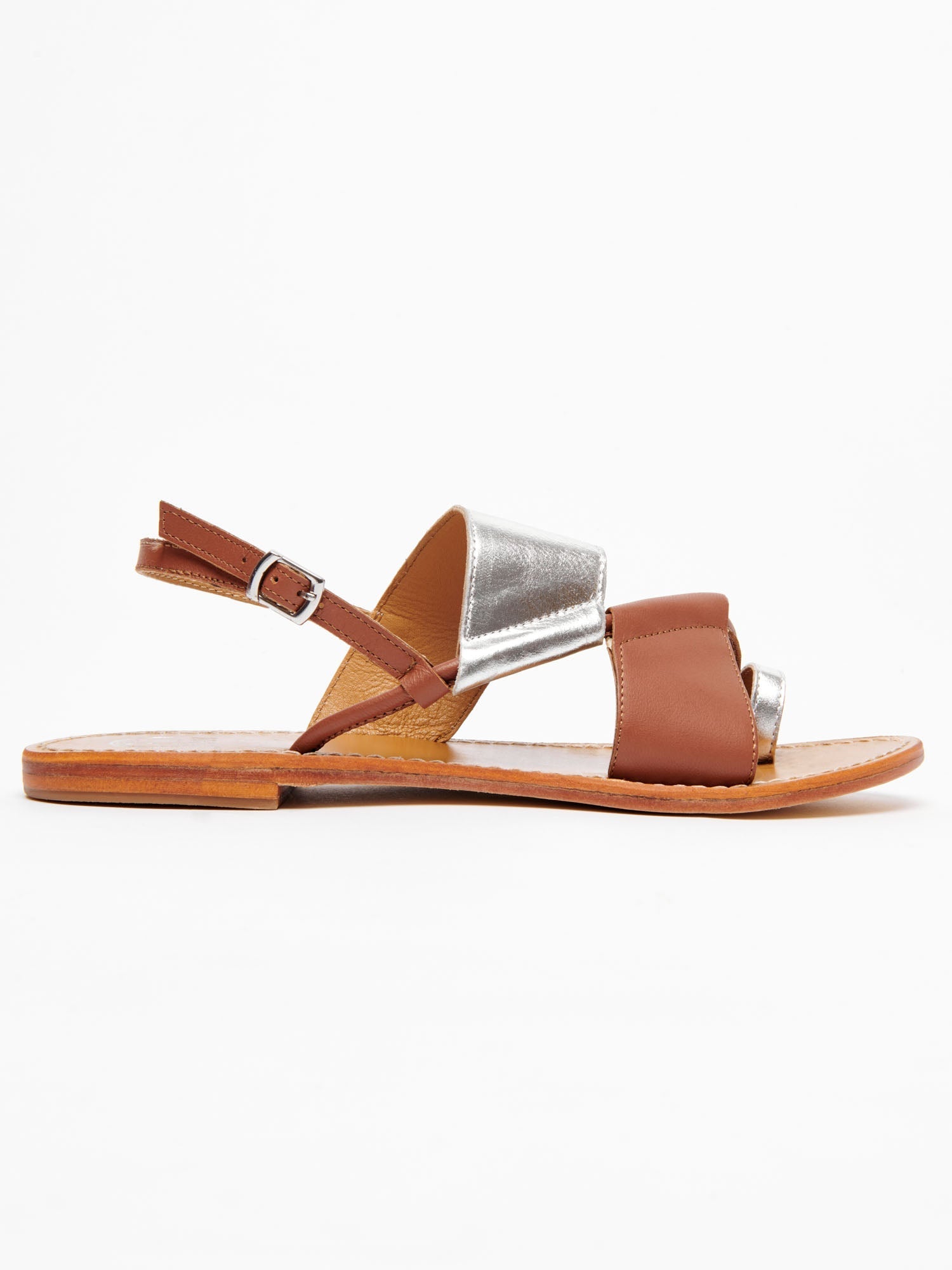 PASEIO sandales entre doigt en cuir camel et argent