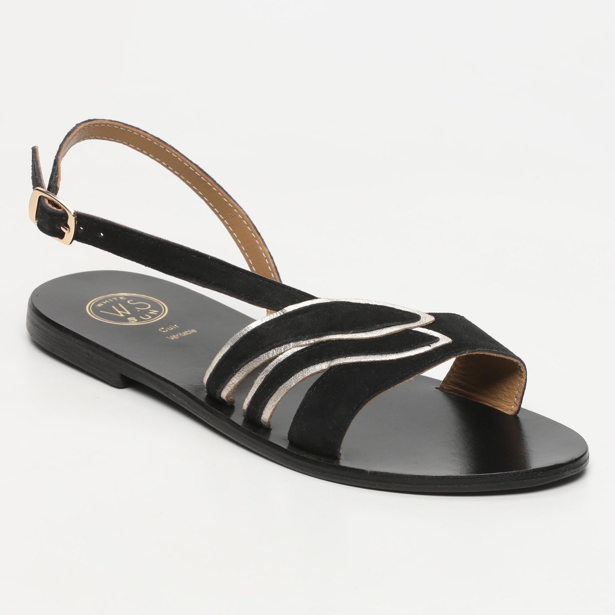 ZUERA sandales fantaisie en cuir noir et platine